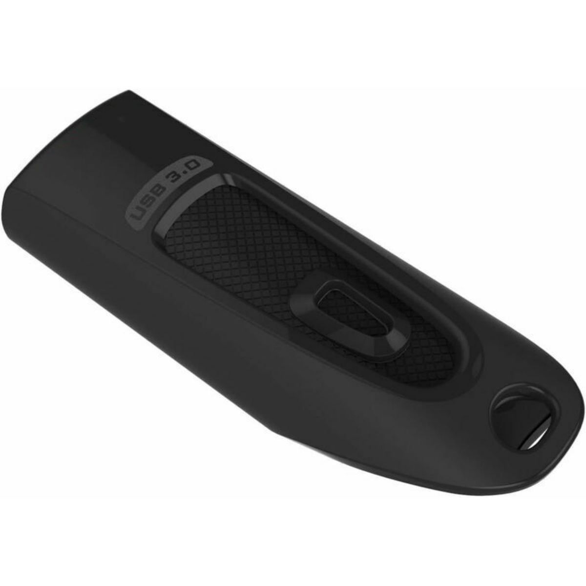 Schwarzer USB-Stick auf weißem Hintergrund. Er hat einen strukturierten Griffbereich.