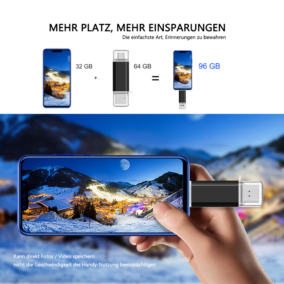 Eine Hand hält ein Telefon mit einem USB-Laufwerk. Text zeigt Telefonspeicher und Gerät.