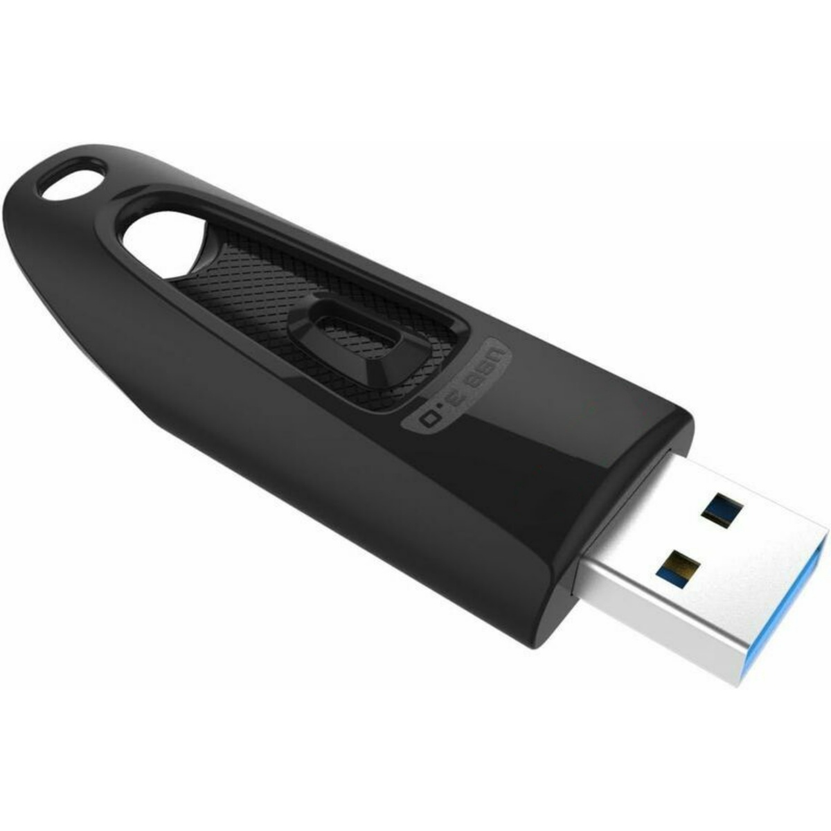 Ein schwarzer USB-3.0-Flash-Laufwerk mit Schlaufe, nach rechts abgewinkelt, auf weißem Hintergrund.
