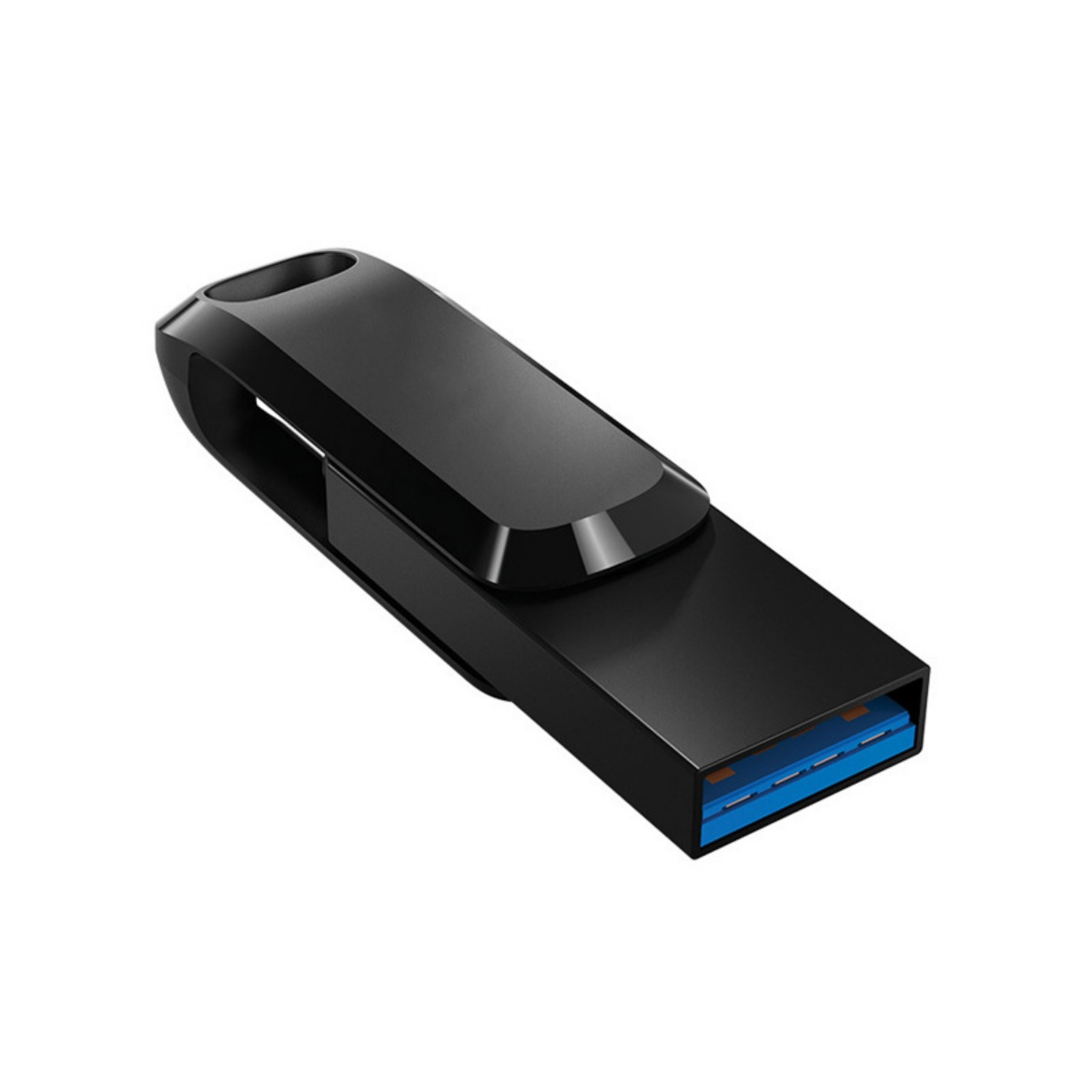 Ein schwarzer USB-3.0-Flash-Laufwerk mit schlankem Design, nach rechts abgewinkelt, auf weißem Hintergrund.