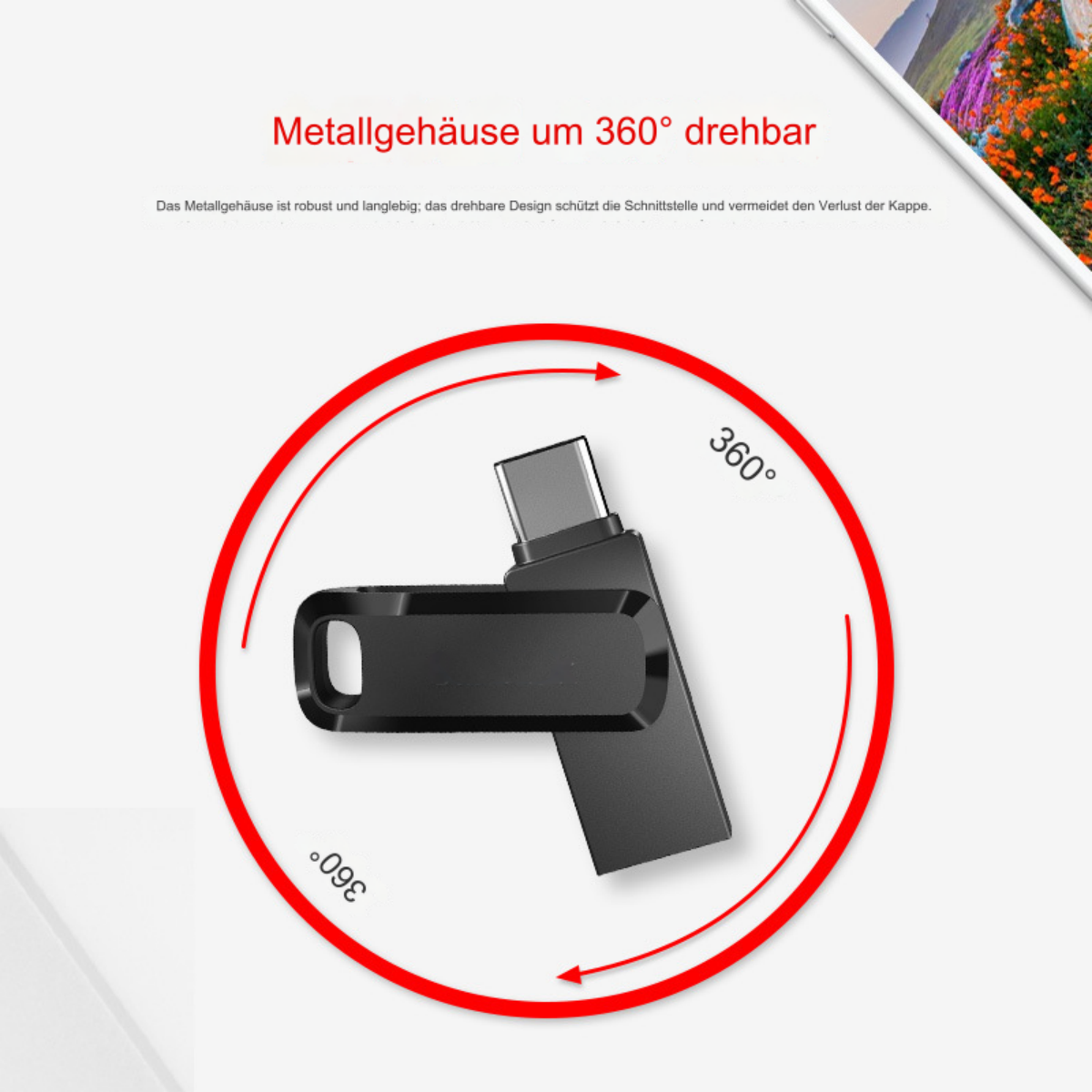 Schwarzer USB-Stick mit rotem, kreisförmigem Pfeil für Drehung.