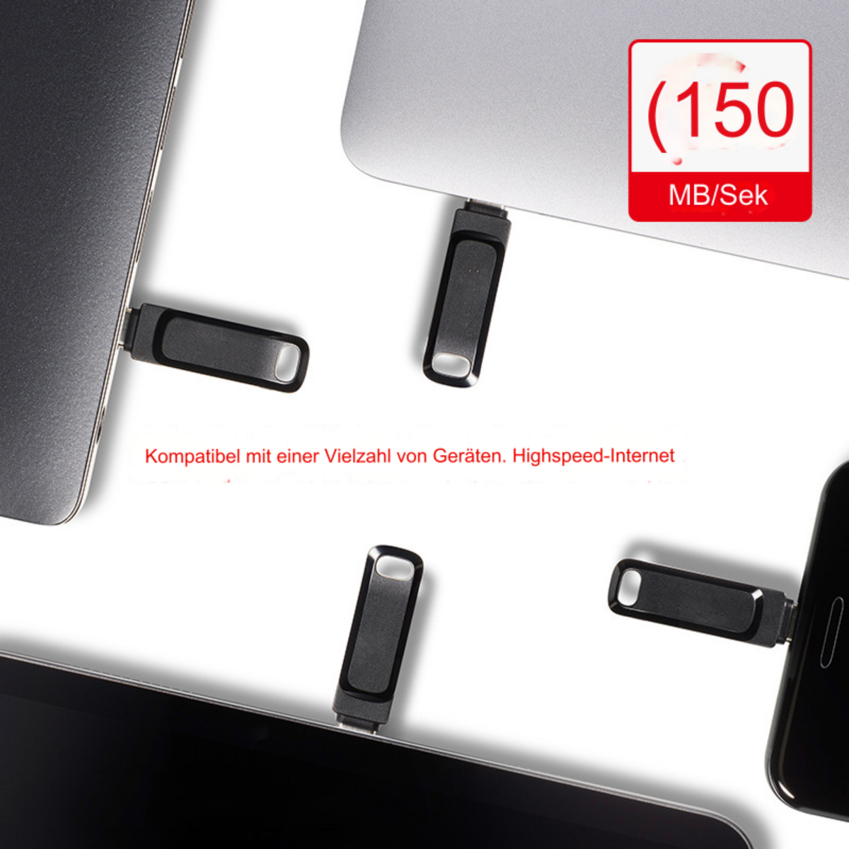 Schwarze USB-Flash-Laufwerke, die mit verschiedenen Geräten verbunden sind, mit rotem Etikett mit 150 MB/Sek.