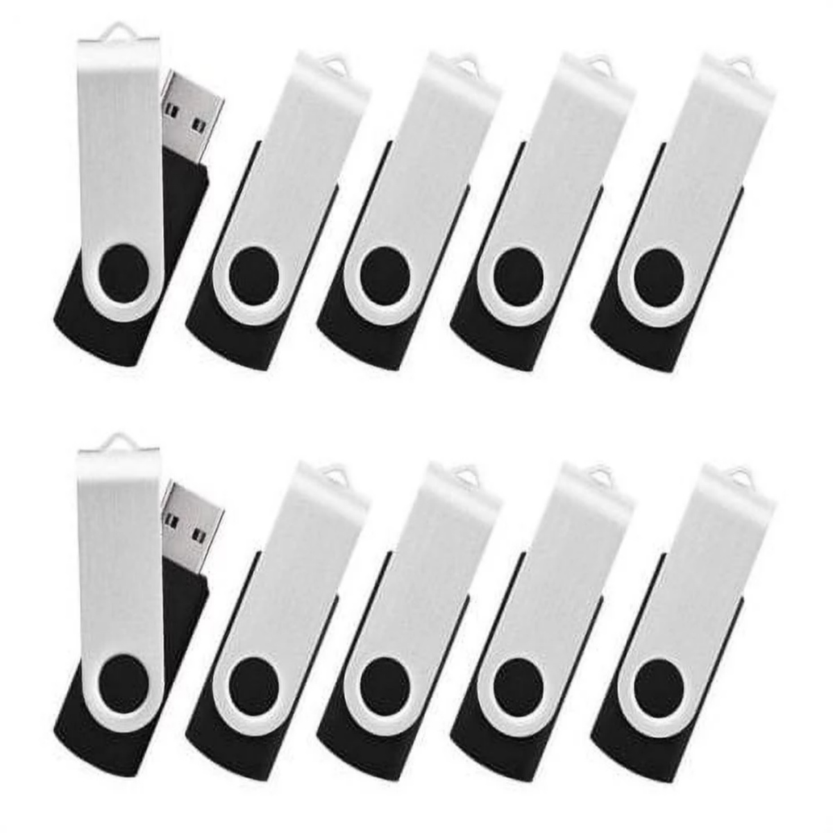 Zehn silberne USB-Sticks. Jeder hat ein silbernes Gehäuse und einen schwarzen Teil.