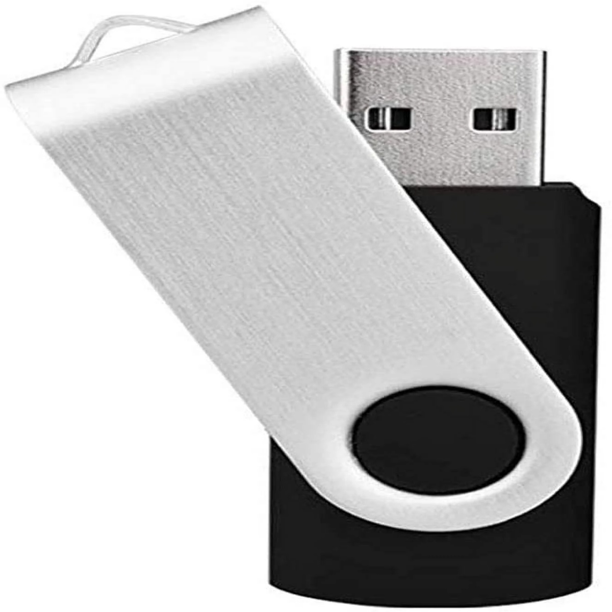 USB-Stick mit silberner Drehhaube. Schwarzer Körper. Weißer Hintergrund.