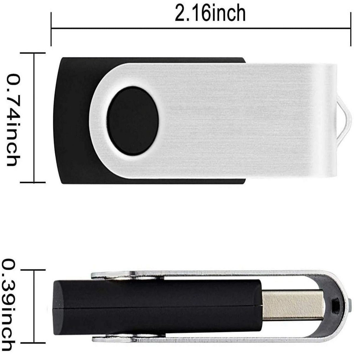 USB-Stick mit Abmessungen in Zoll angegeben.