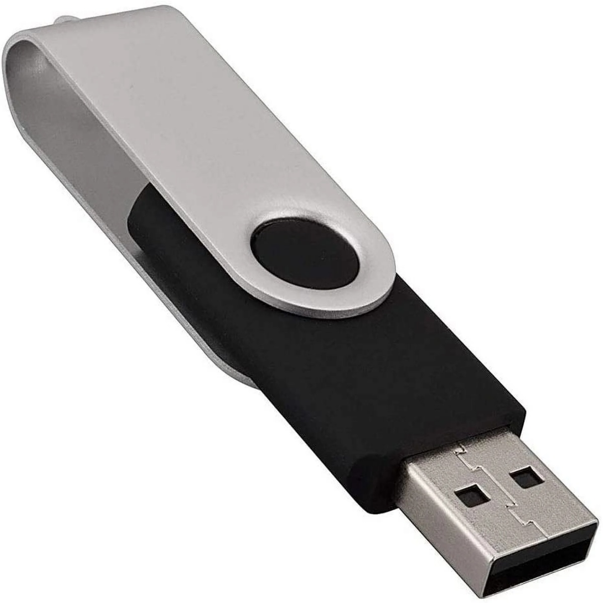 Ein silberner und schwarzer USB-Stick mit USB-Anschluss.