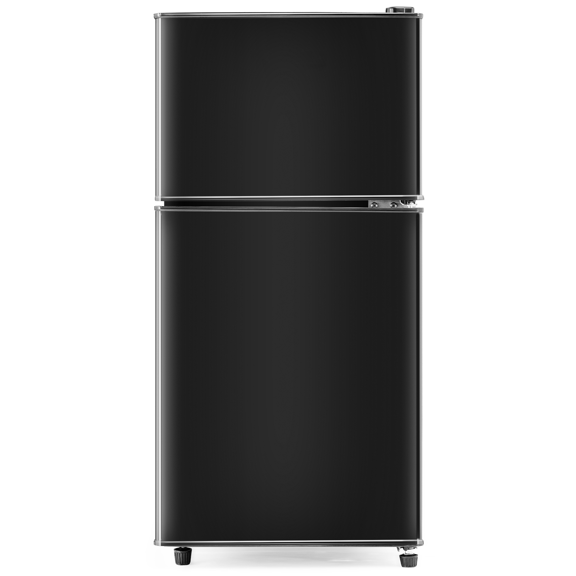 Schwarzer Kühlschrank mit zwei Türen. Klares Design, Chromgriffe und kleine Räder unten.