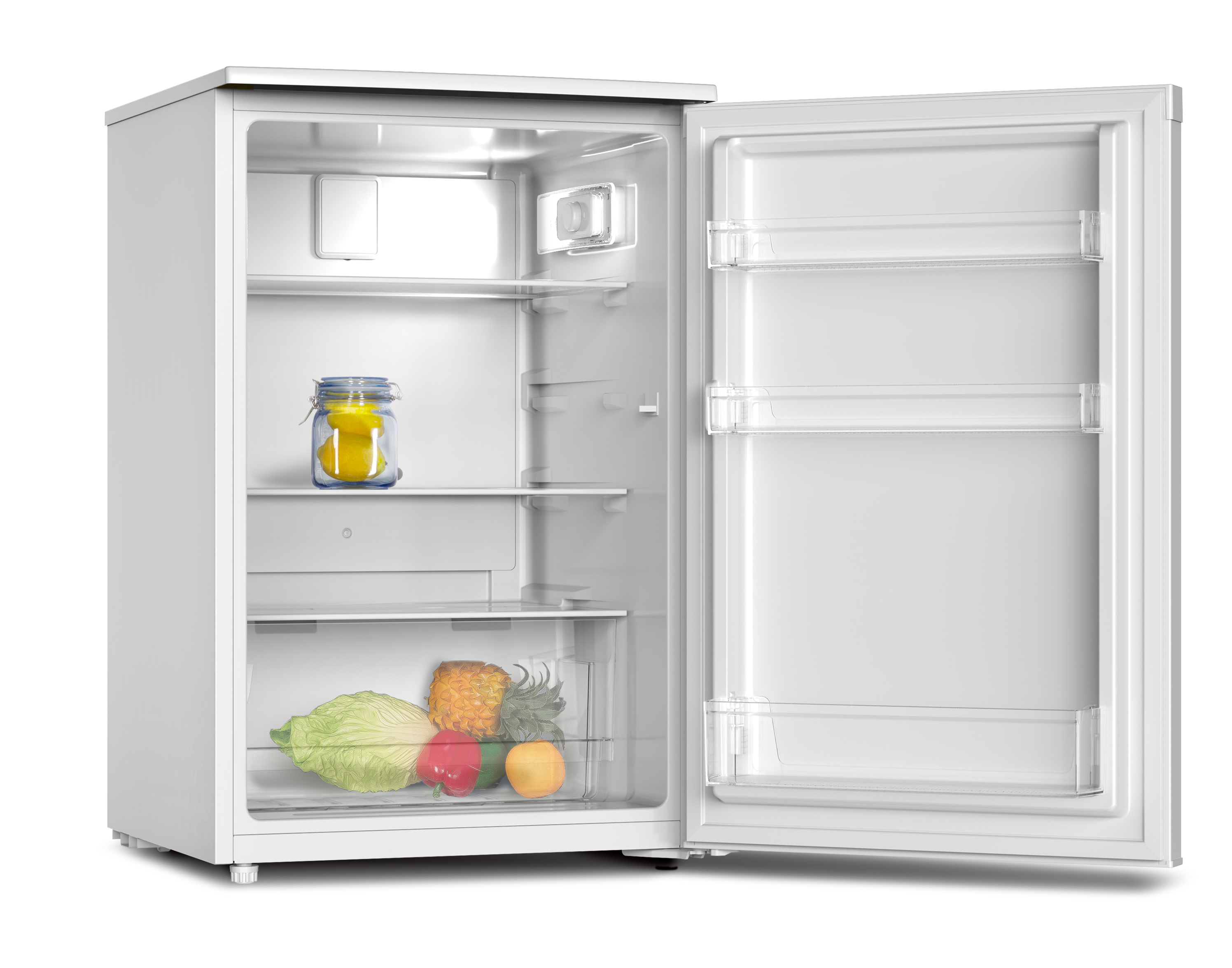 Minikühlschrank, Tür offen, mit Essen: Zitronen, Ananas, Apfel und Salat. Weiß.