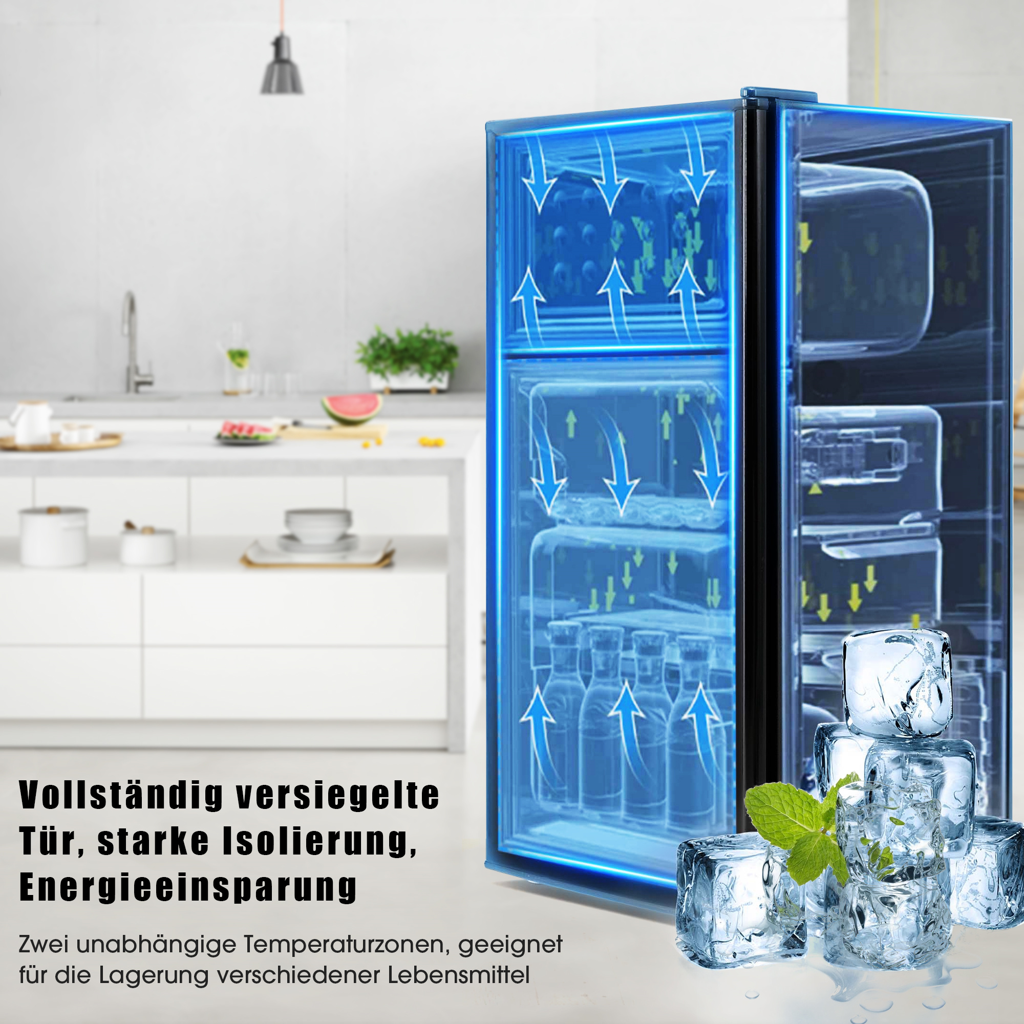 Ein Mini-Kühlschrank mit offener Tür, der klare Fächer mit Flaschen und Eiswürfeln zeigt.
