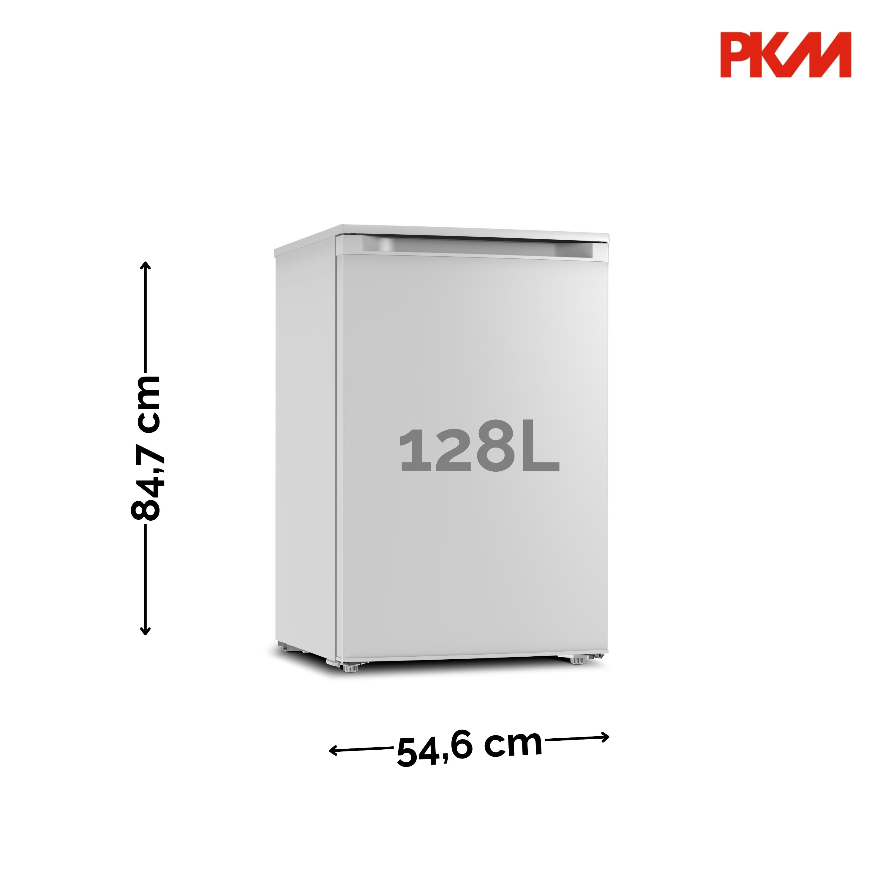 Weißer Kühlschrank mit Abmessungen und einem Volumen von 128L.