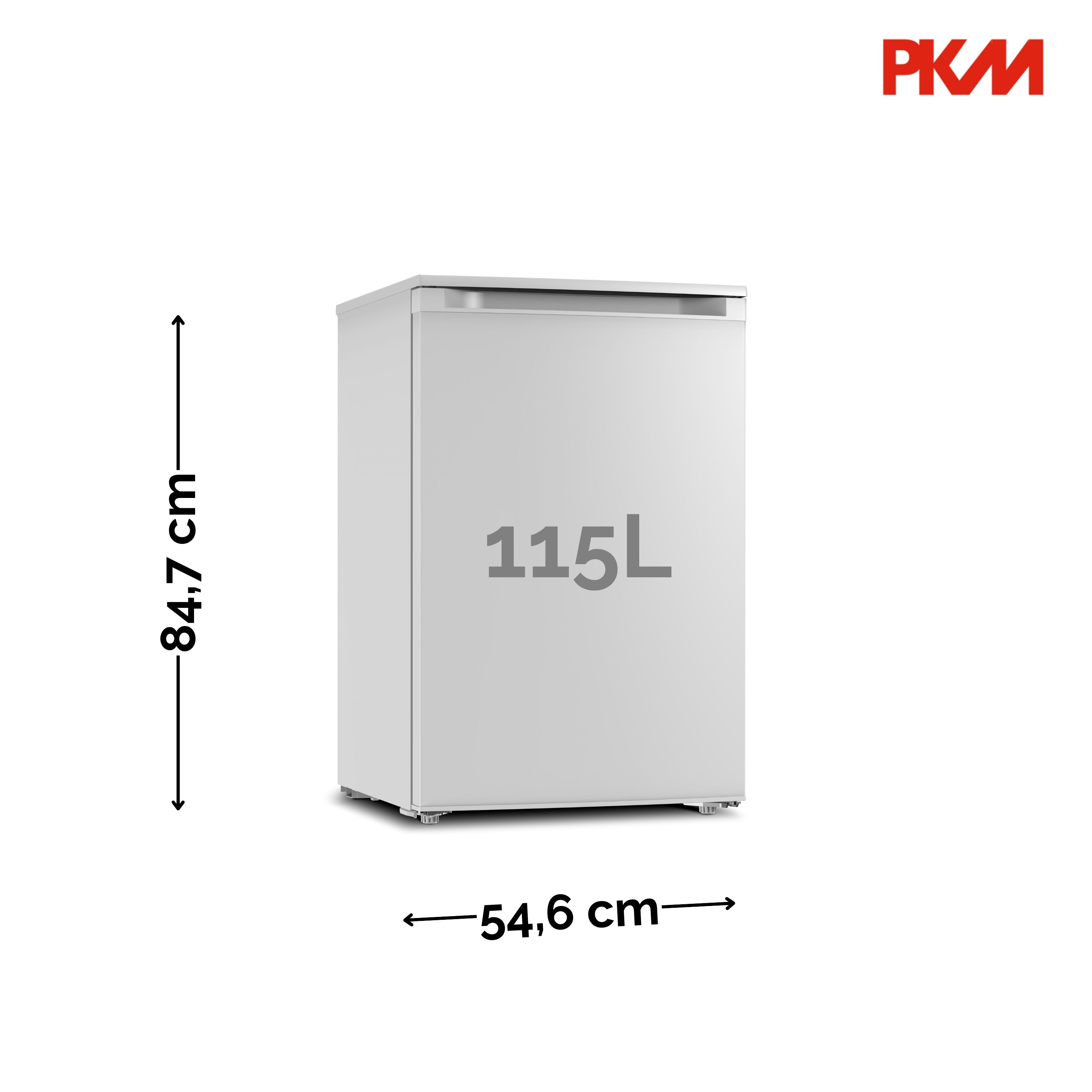 Weißer Mini-Kühlschrank mit 115L-Etikett. Der Kühlschrank steht auf weißem Hintergrund.