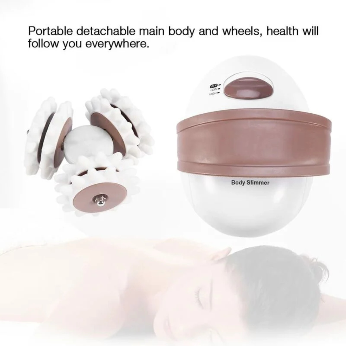 Ein weiß-brauner Body Slimmer mit rotierenden Köpfen, neben einem unscharfen Bild einer Person.