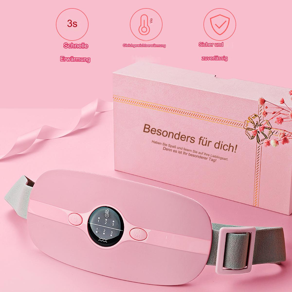 Rosa Gerät mit Text und Symbolen, Geschenkbox im Hintergrund, grauer Riemen.