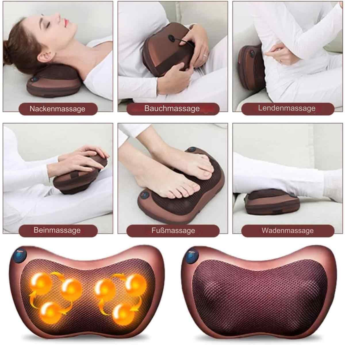 Bilder des Massagegeräts am Nacken, Bauch, Rücken, Beinen, Füßen und Waden. Braun und Weiß.