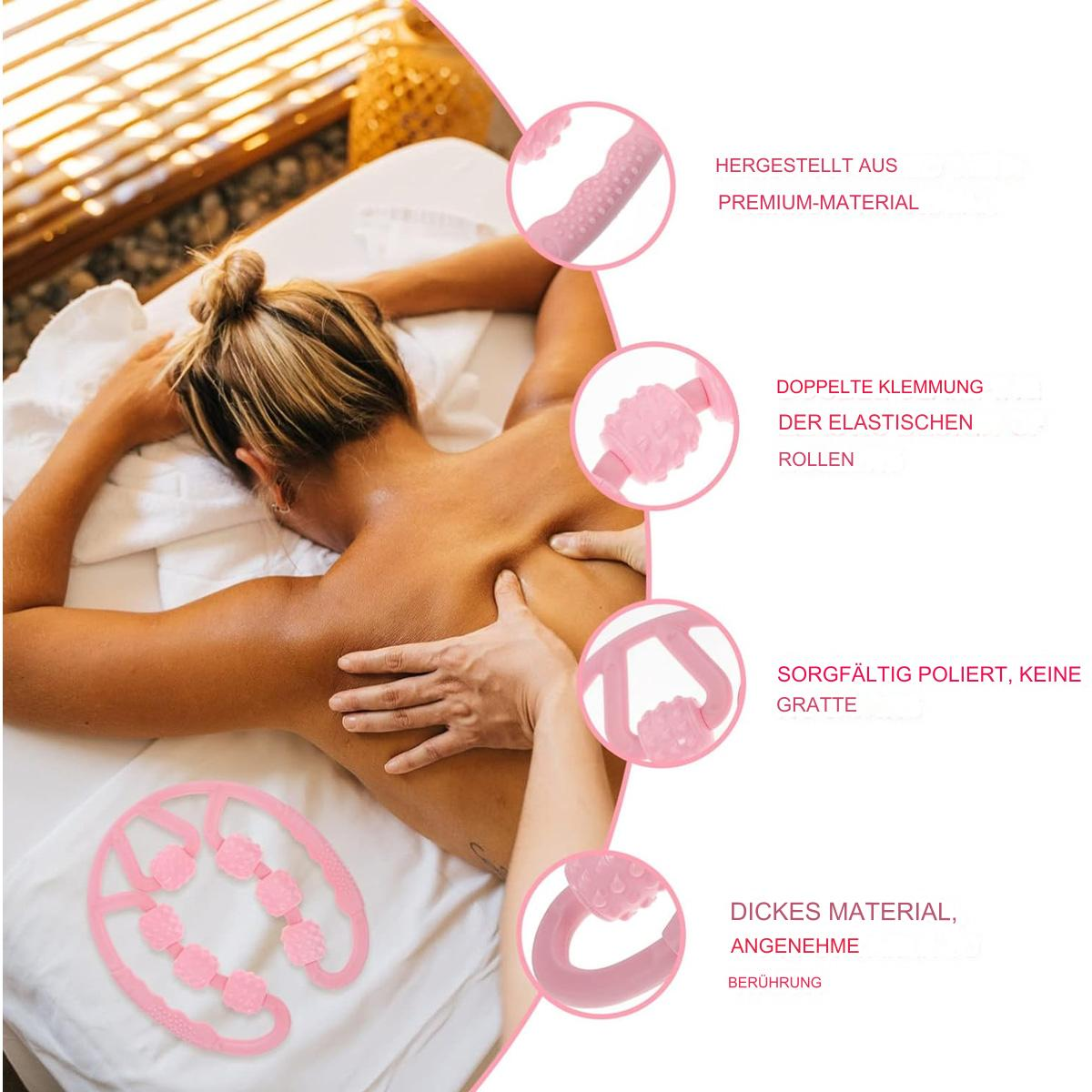 Eine Frau bekommt eine Rückenmassage mit einem pinkfarbenen Massagegerät. Es gibt Diagramme.