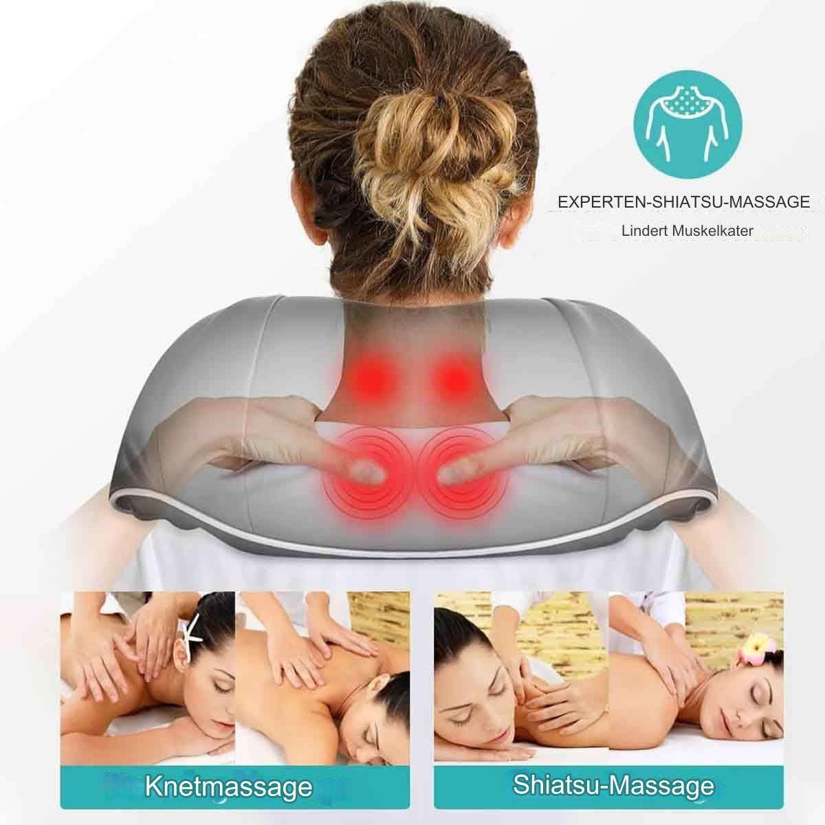 Person erhält Nackenmassage, mit Bildern, die verschiedene Massagearten zeigen.