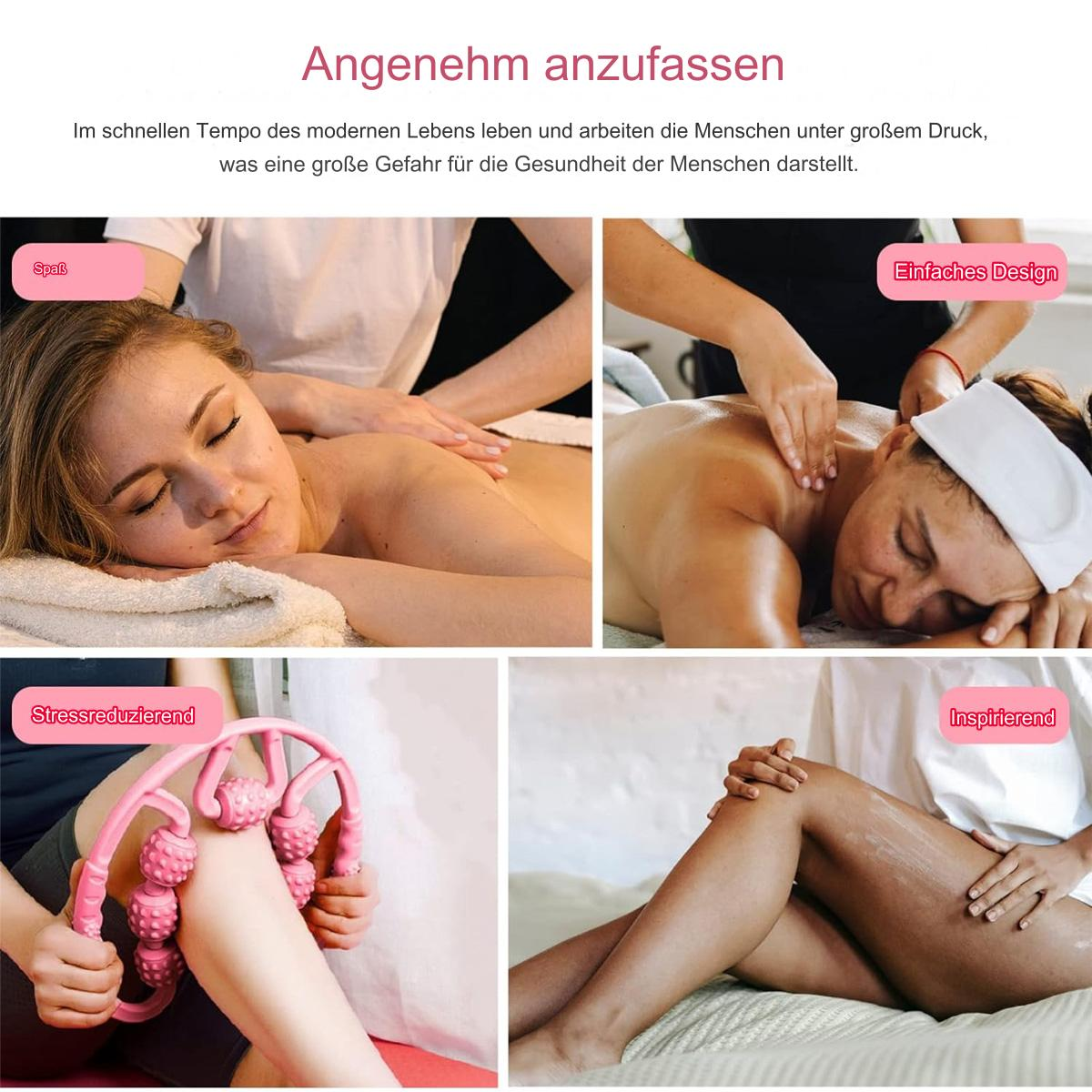 Vier Bilder von Massage- und Entspannungstechniken. Inklusive Rückenmassage und Beinbehandlung.