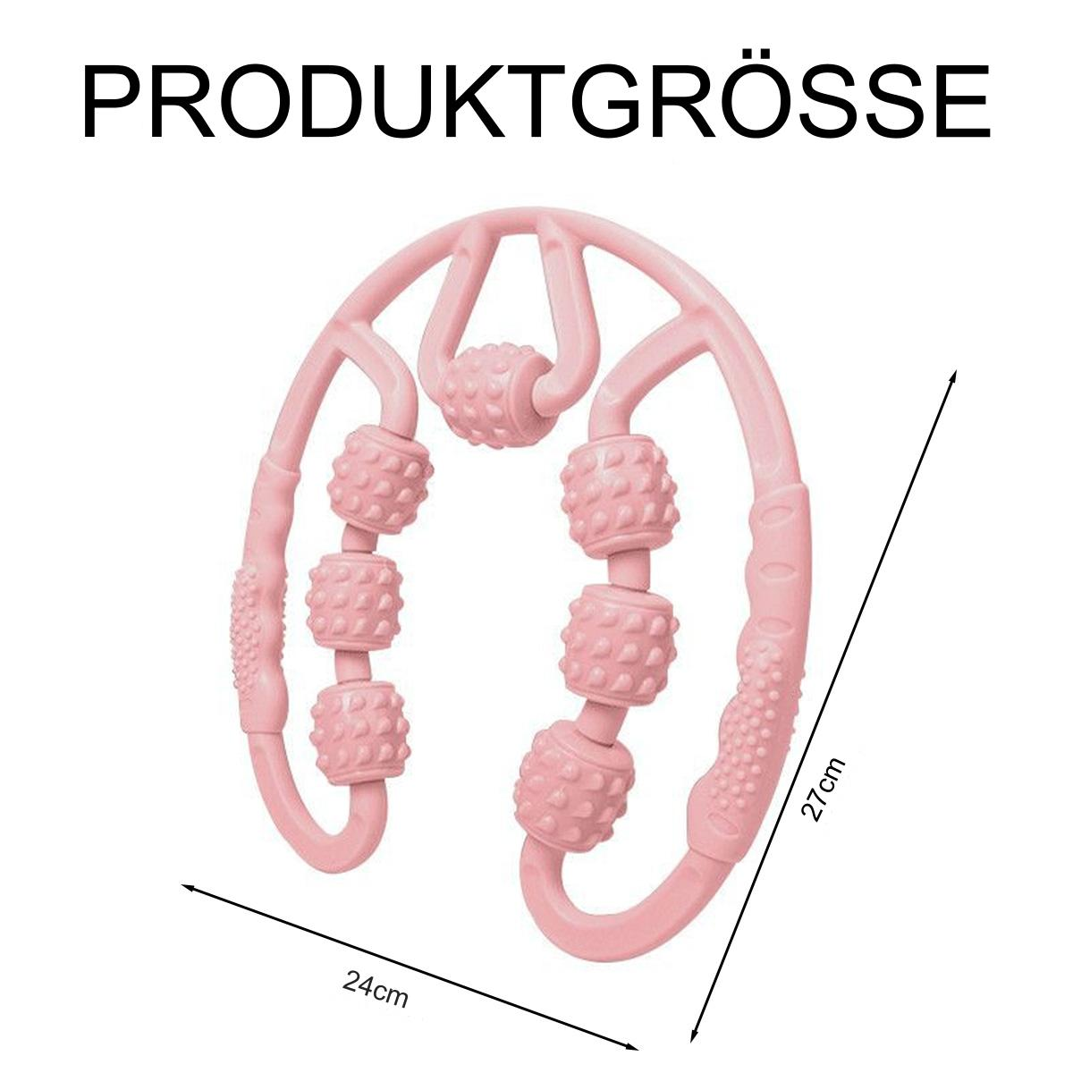Rosa Handmassagegerät mit Rollen, das seine Abmessungen zeigt: 24cm x 27cm. Es hat einen weißen Hintergrund.