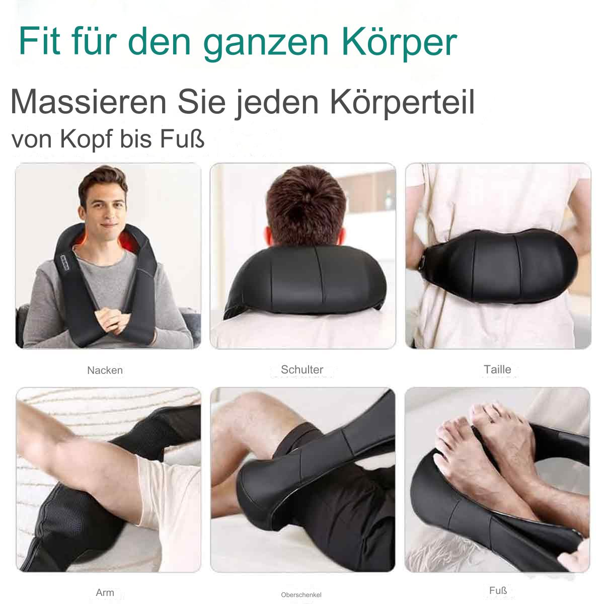 Das Bild zeigt ein Massagegerät, das an Nacken, Rücken, Schultern, Armen und Füßen verwendet wird.