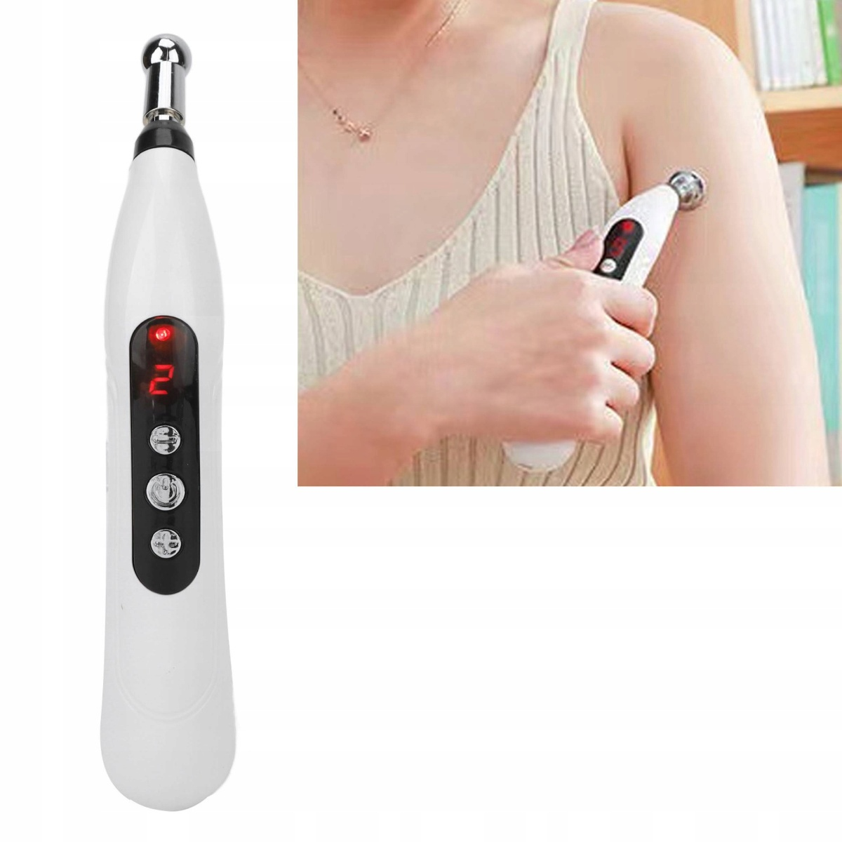 Weißer Akupunkturstift mit roter Anzeige, gehalten von einer Person am Arm.
