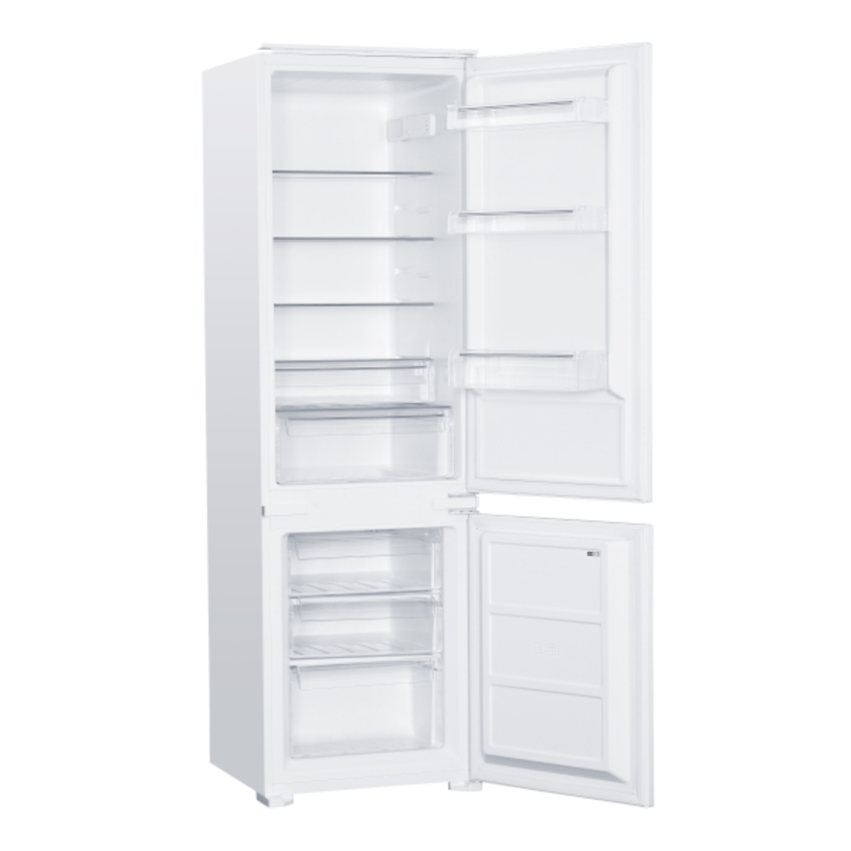 Ein weißer Kühlschrank mit zwei geöffneten Türen, die Regale und Stauräume zeigen.
