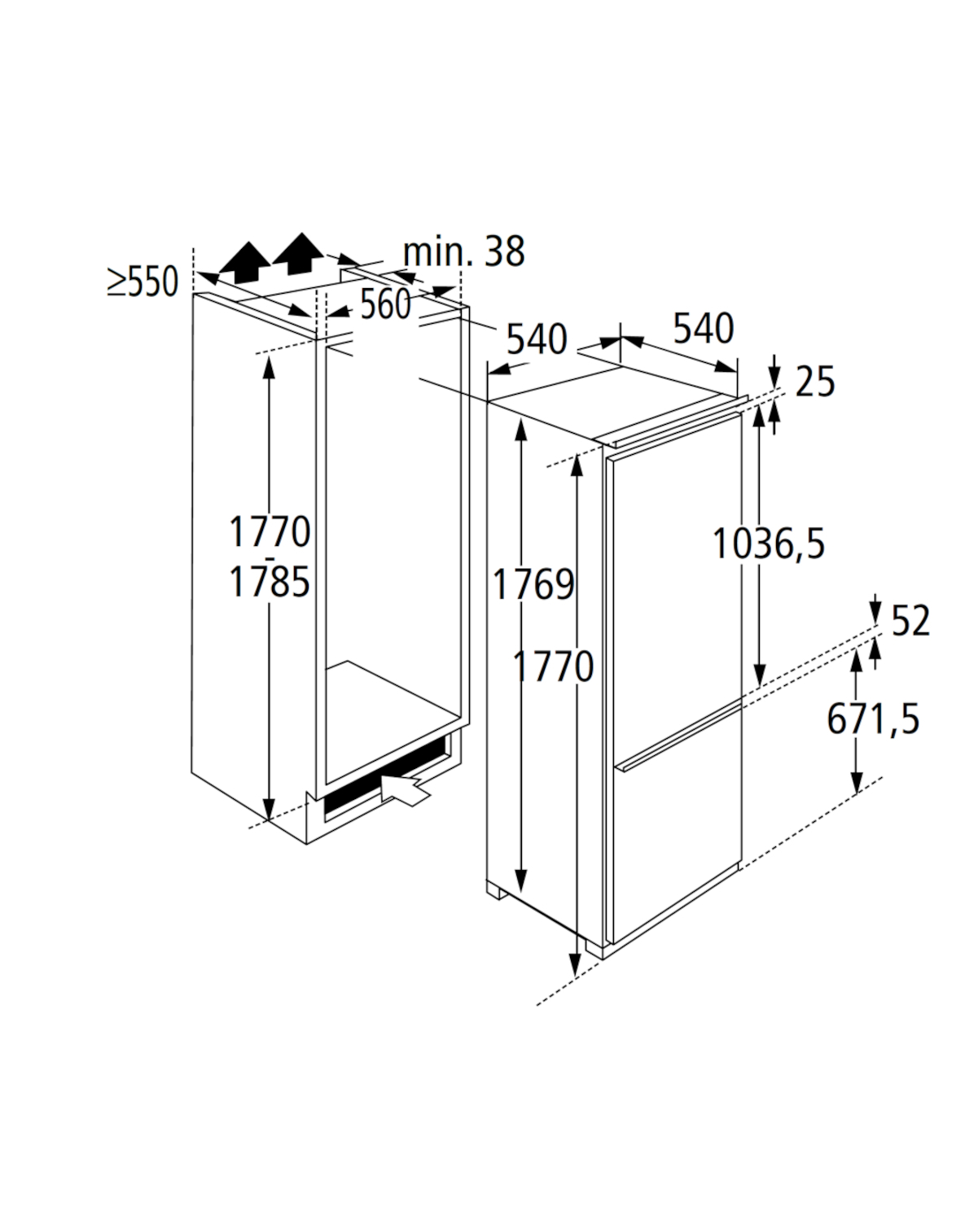 Diagramm eines Kühlschranks mit Abmessungen und Messungen in einer technischen Zeichnung.