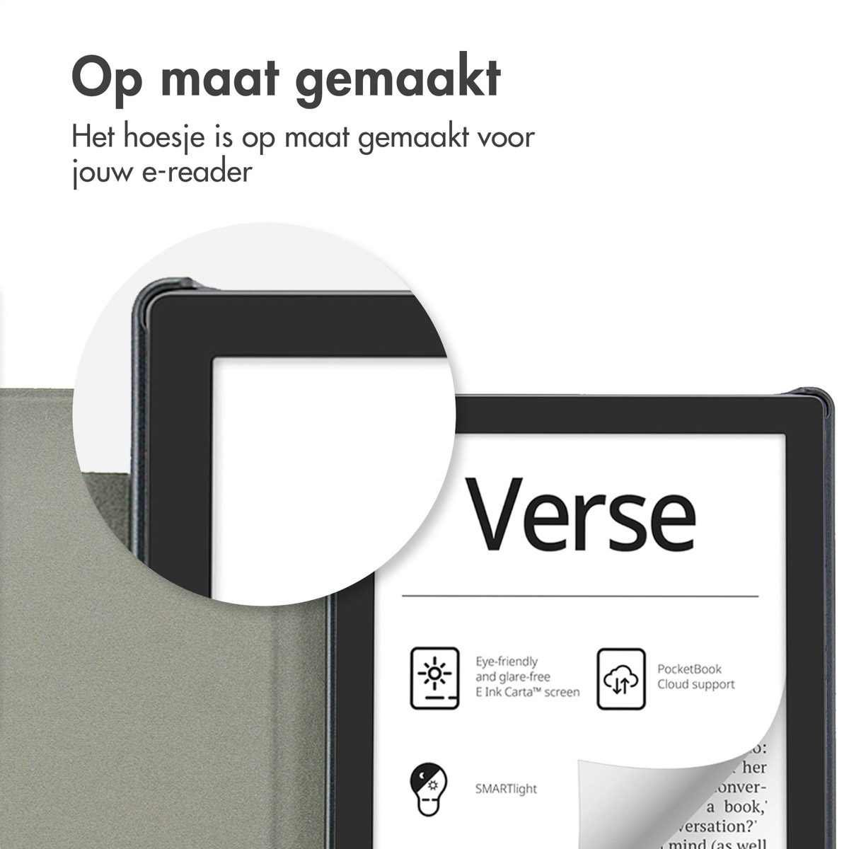 E-reader met een hoes, met het woord 'Verse' en een oogvriendelijk scherm op een witte achtergrond.