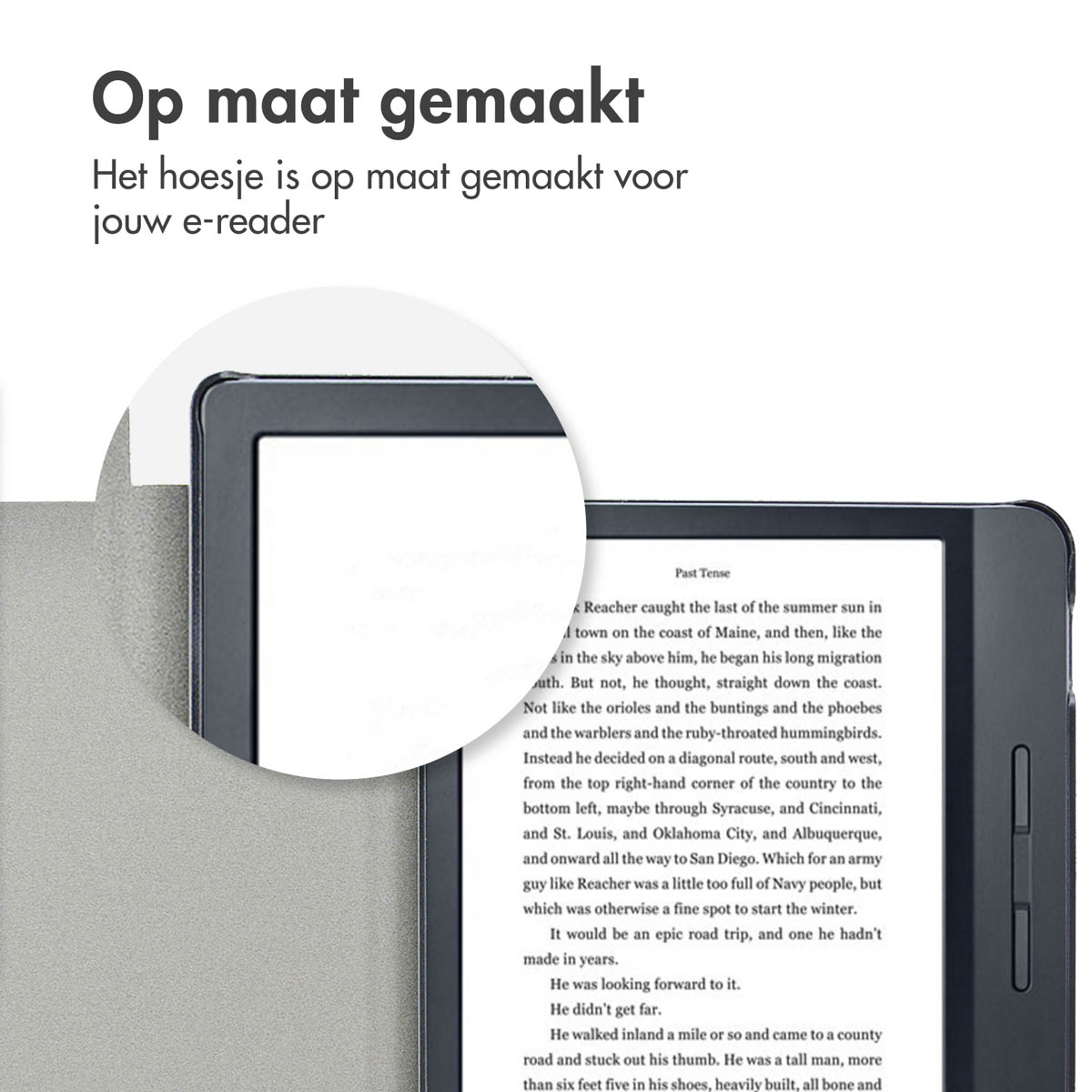 E-reader in een grijze hoes, met de cover open. Tekst op het scherm van de e-reader.
