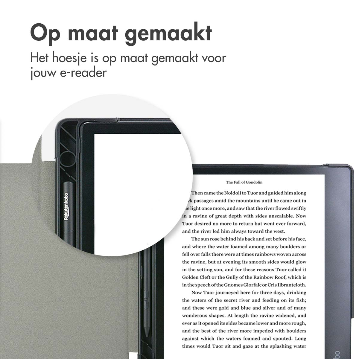 E-reader with a case and stylus, showing a book page, set on a white background.