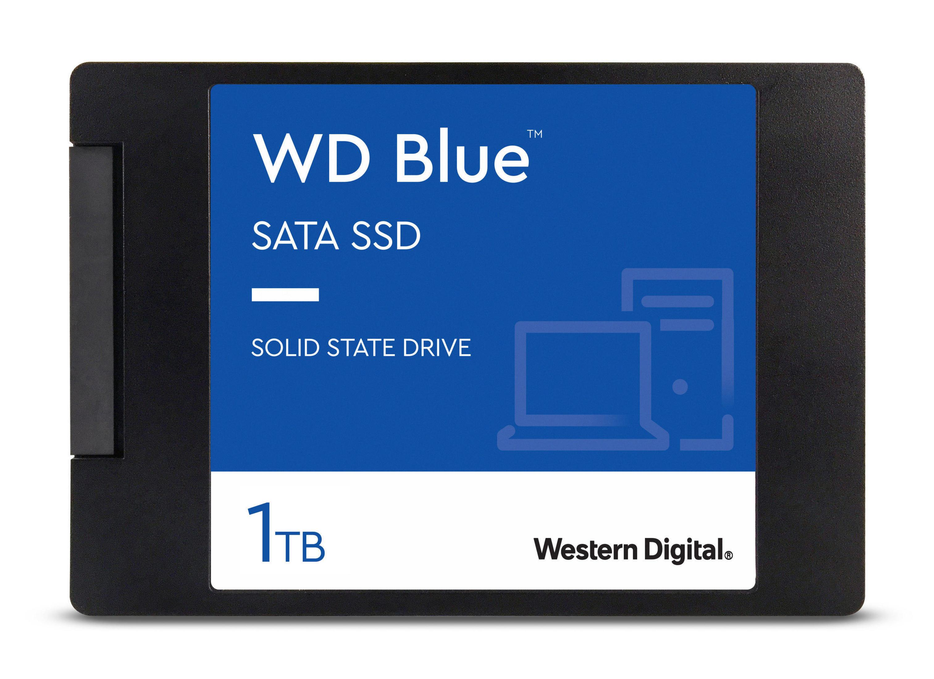 Schwarze WD Blue SATA SSD mit blauem Etikett auf weißem Hintergrund.