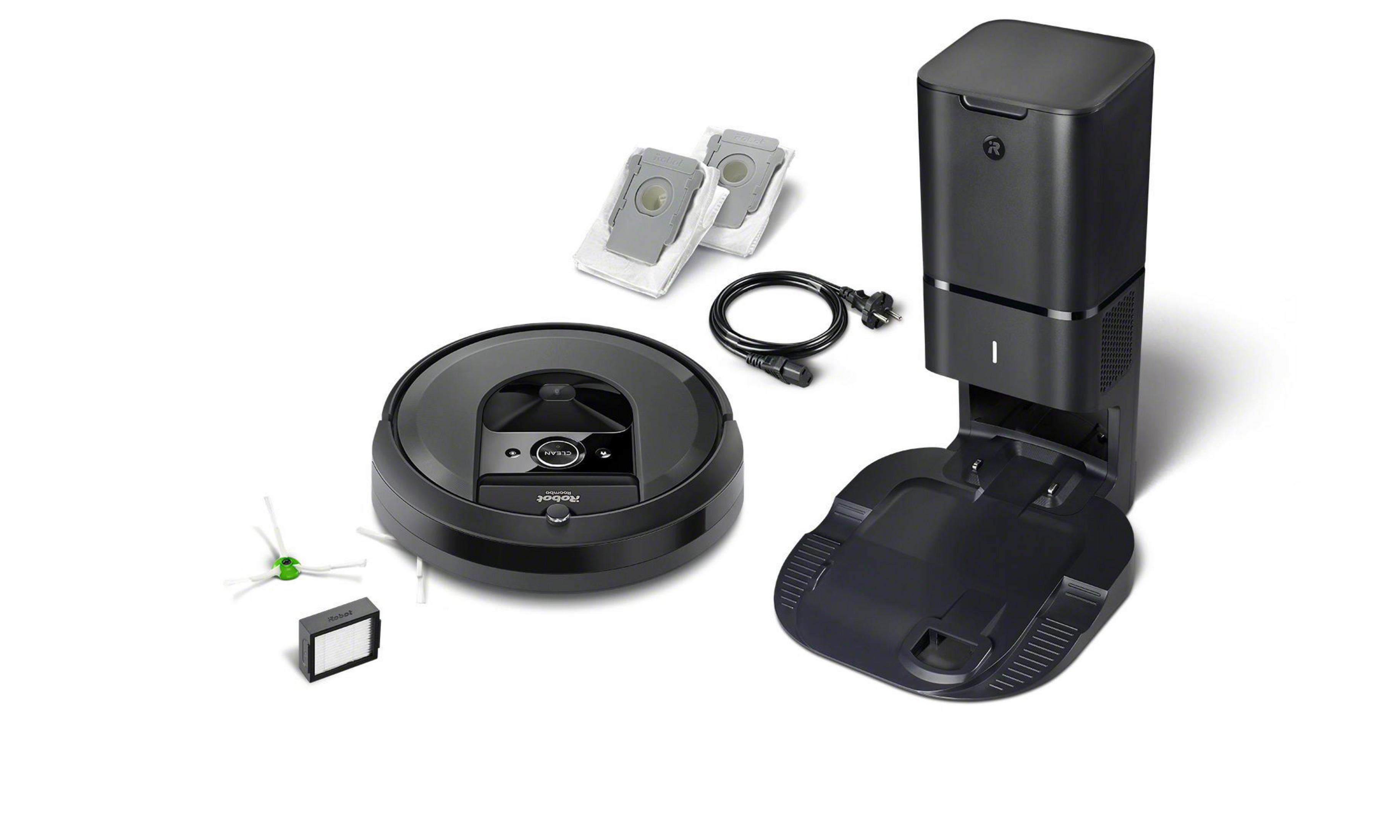 Schwarzer Roboter-Staubsauger, Ladestation, Filter und Bürsten.