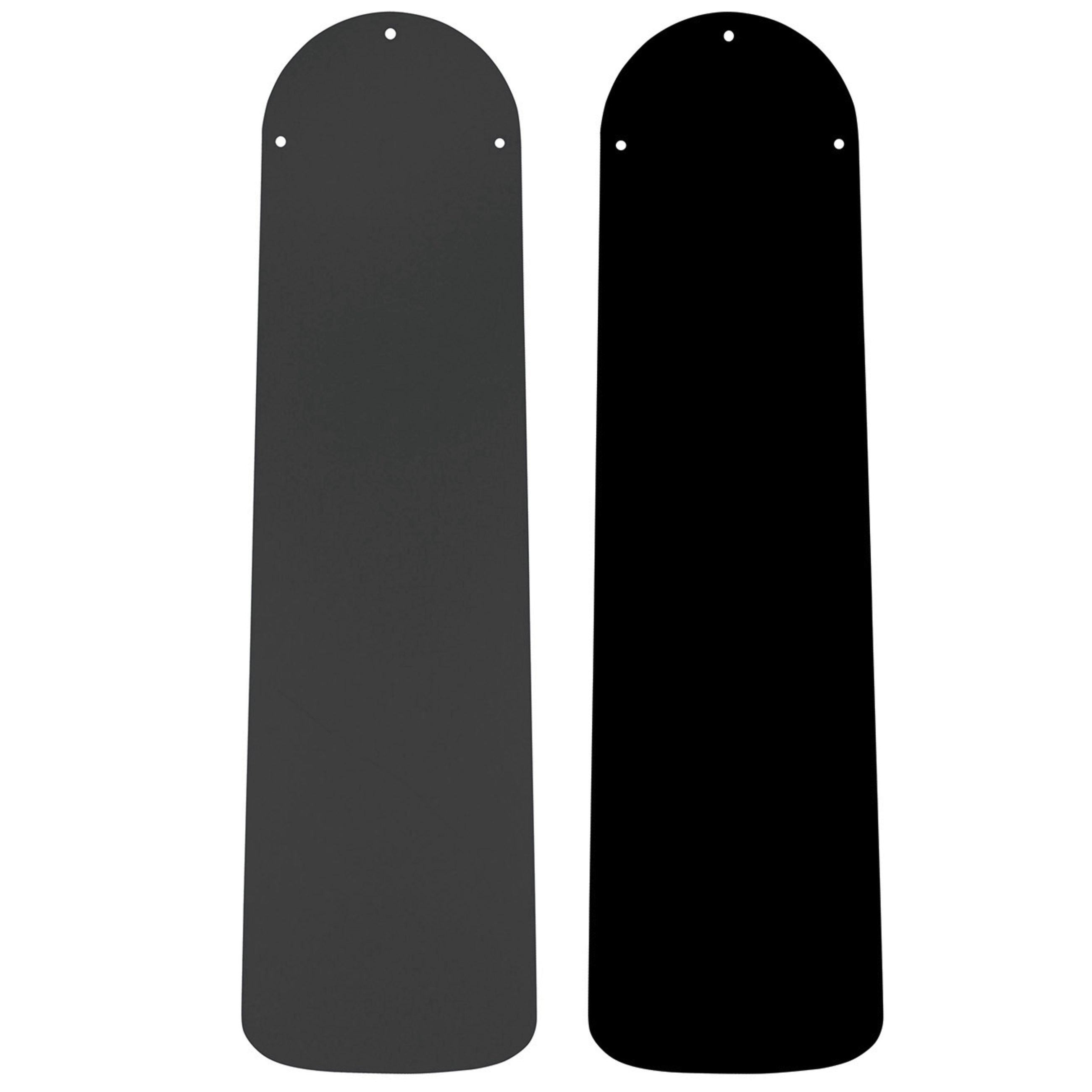 Zwei schwarze und graue Lüfterflügel. Die Flügel sind lang und haben drei Löcher zur Montage.