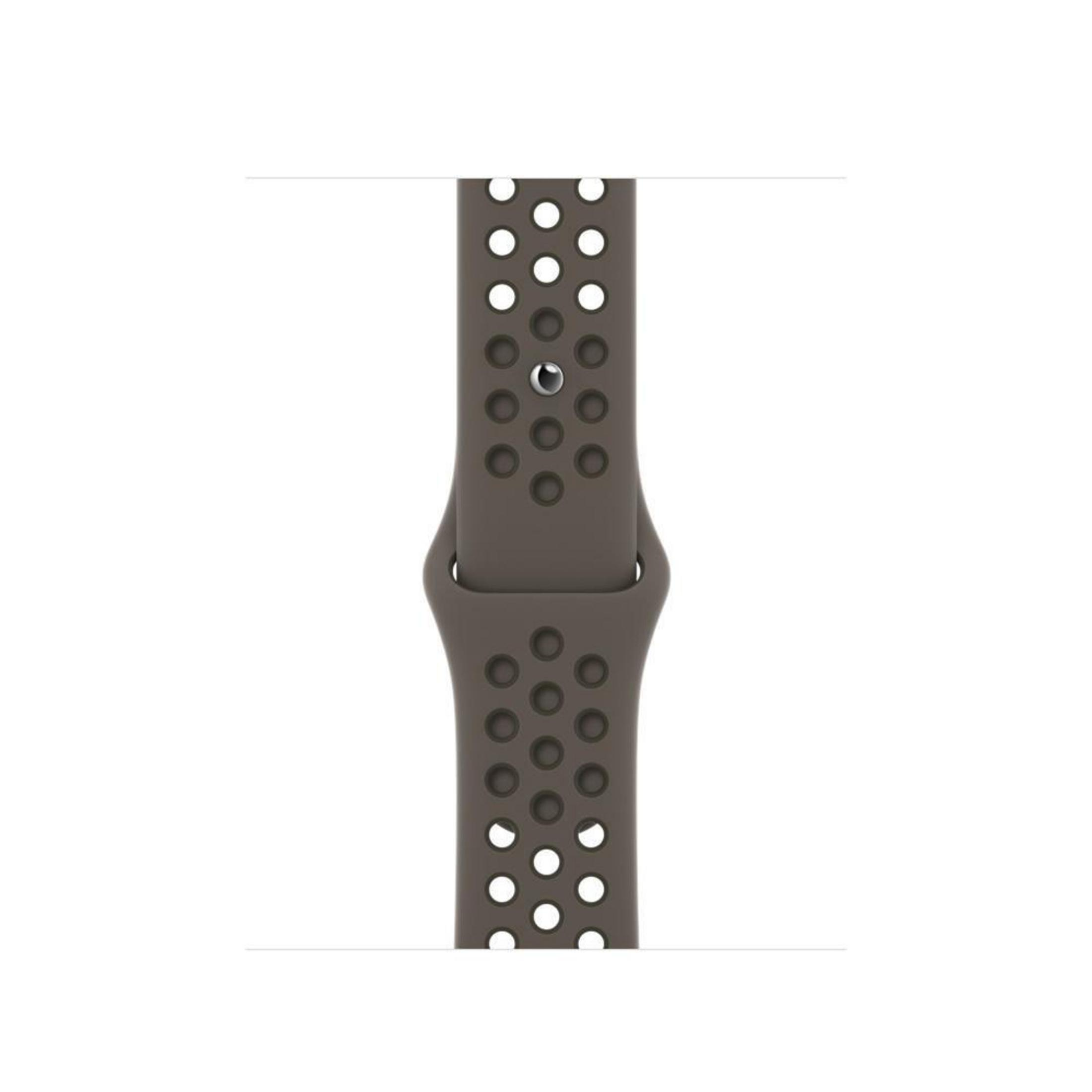 A grey watch band with small holes, clasped together. The band is on a white background.