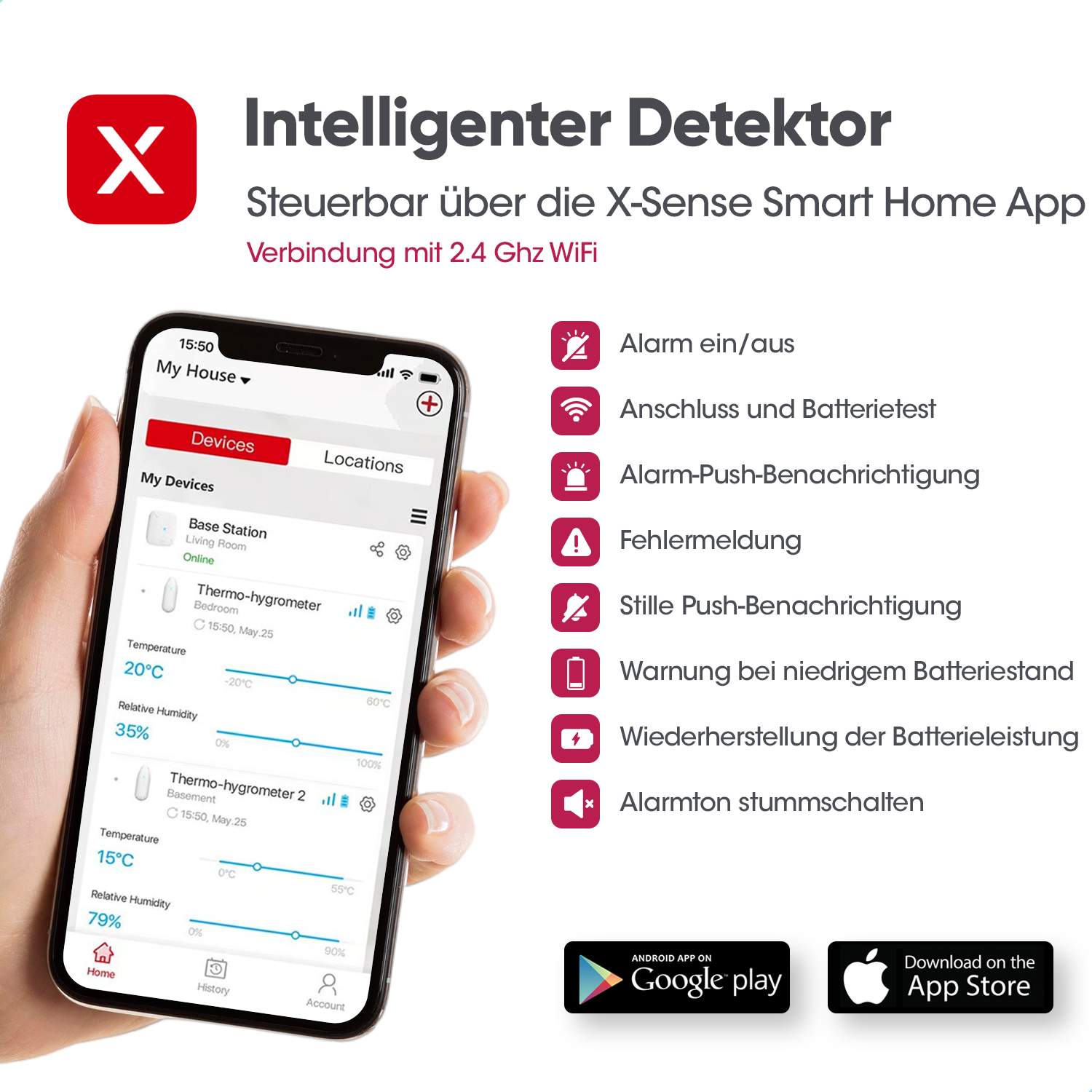 Smartphone-Bildschirm mit App-Oberfläche. Symbole und Text. X-Sense Logo. Hand hält Telefon.