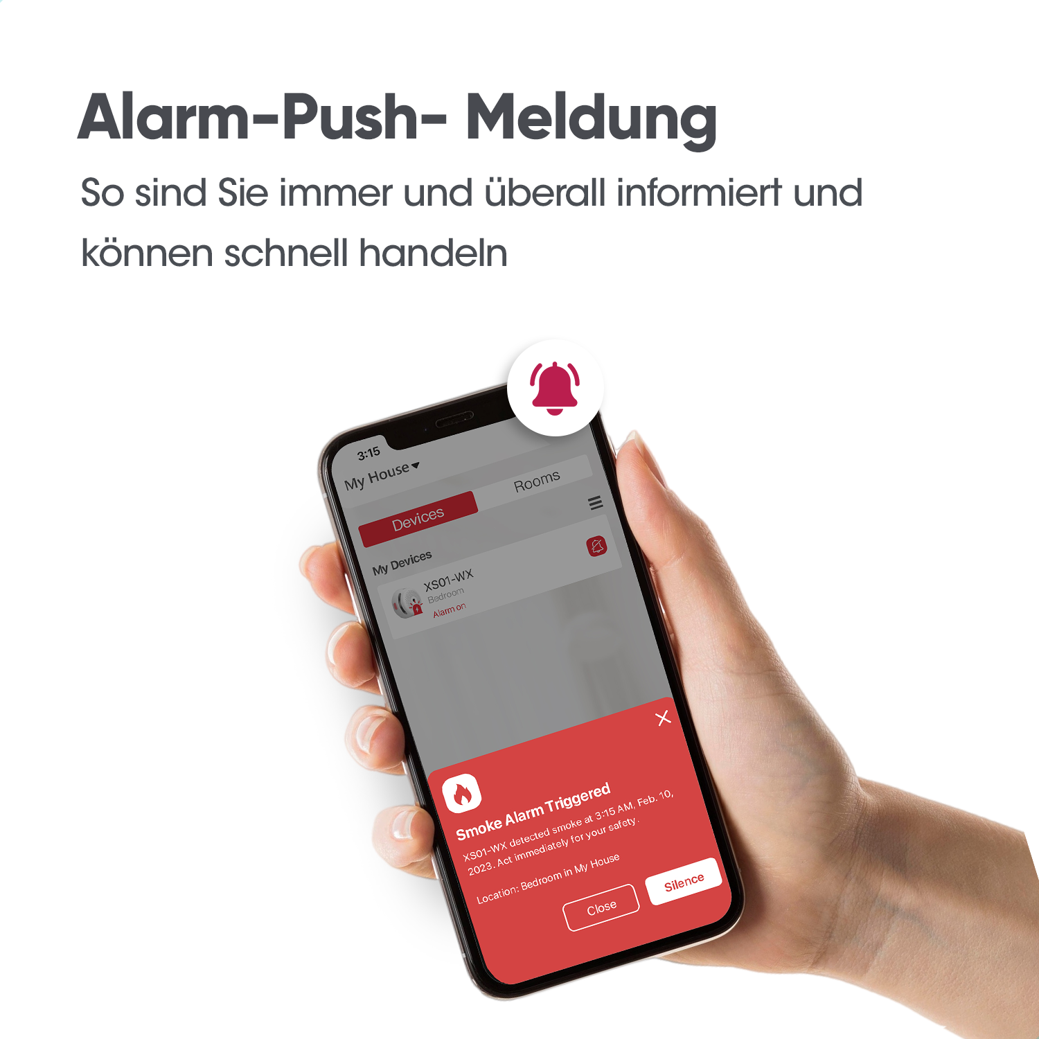 Hand hält Telefon mit Rauchmelder-Alarm, rote Benachrichtigung und Alarmglocken-Symbol.