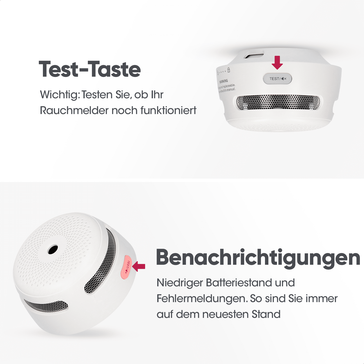 Weißer Rauchmelder mit Beschriftungen und Diagrammen.