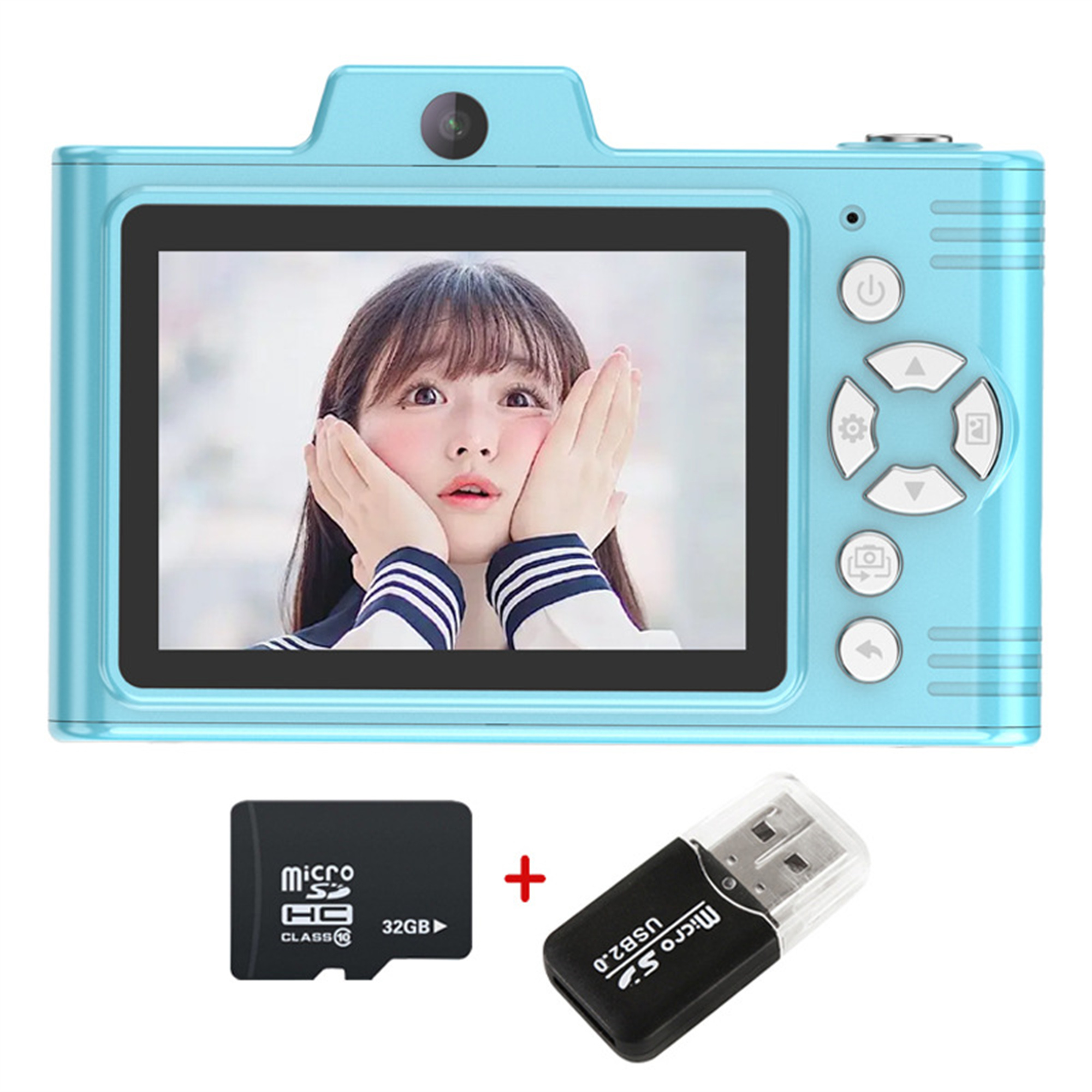 Blaue Digitalkamera mit Bildschirm, der ein Mädchengesicht zeigt. SD-Karte und USB-Adapter enthalten.