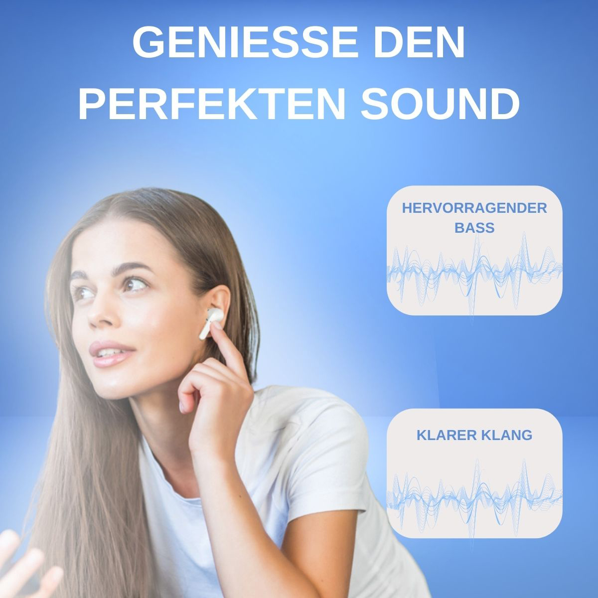 Eine Frau mit weißen Ohrhörern, mit Klangwellen-Grafiken und Text 'Genieße perfekten Sound'.