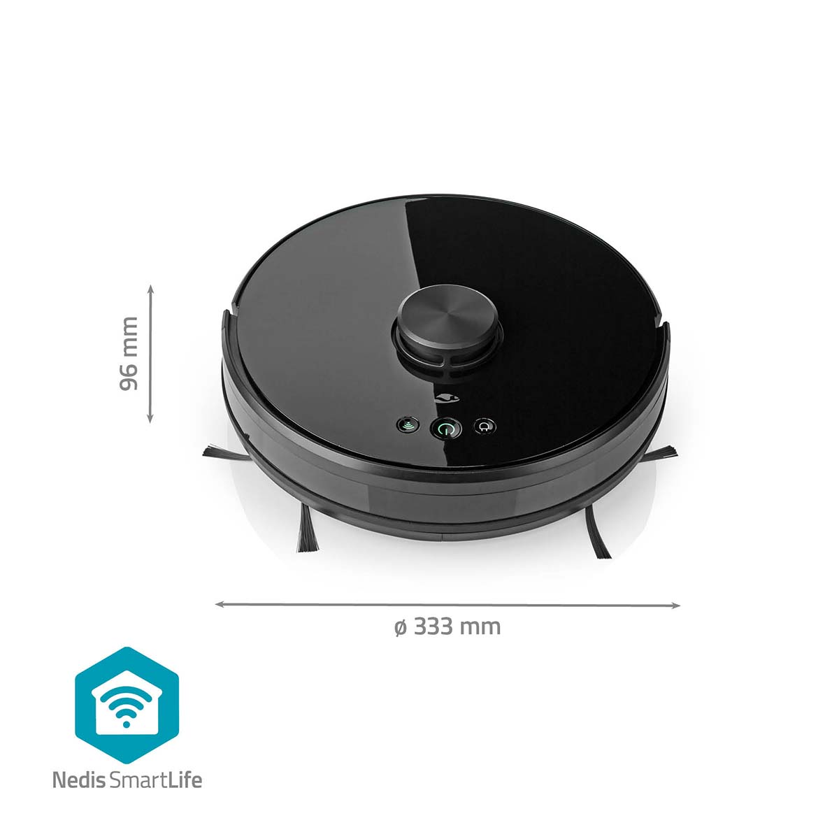 Czarny robot odkurzający. Ma okrągły kształt z podanymi wymiarami.