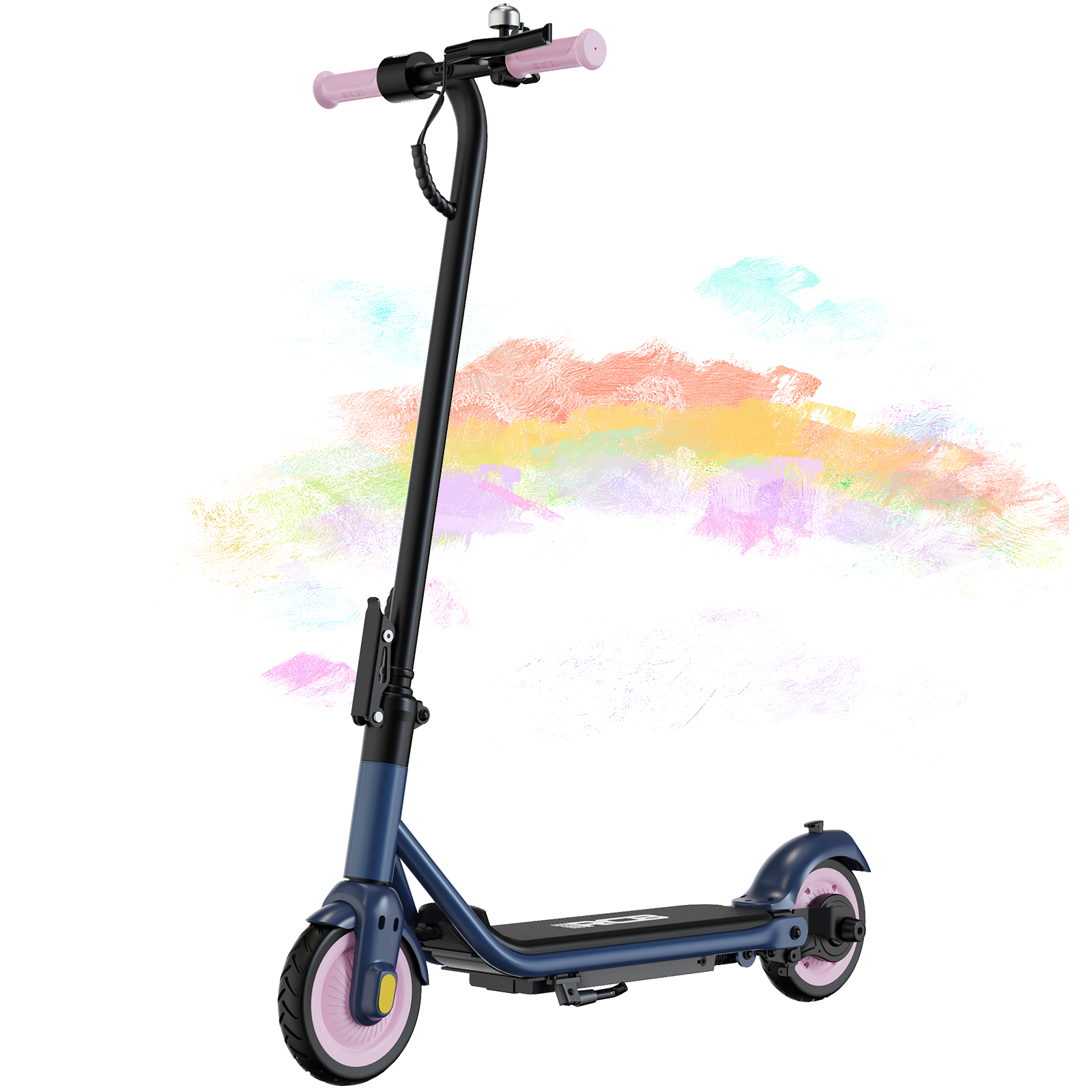 Un monopattino elettrico blu e rosa con uno sfondo colorato. Ha manubrio e ruote rosa.