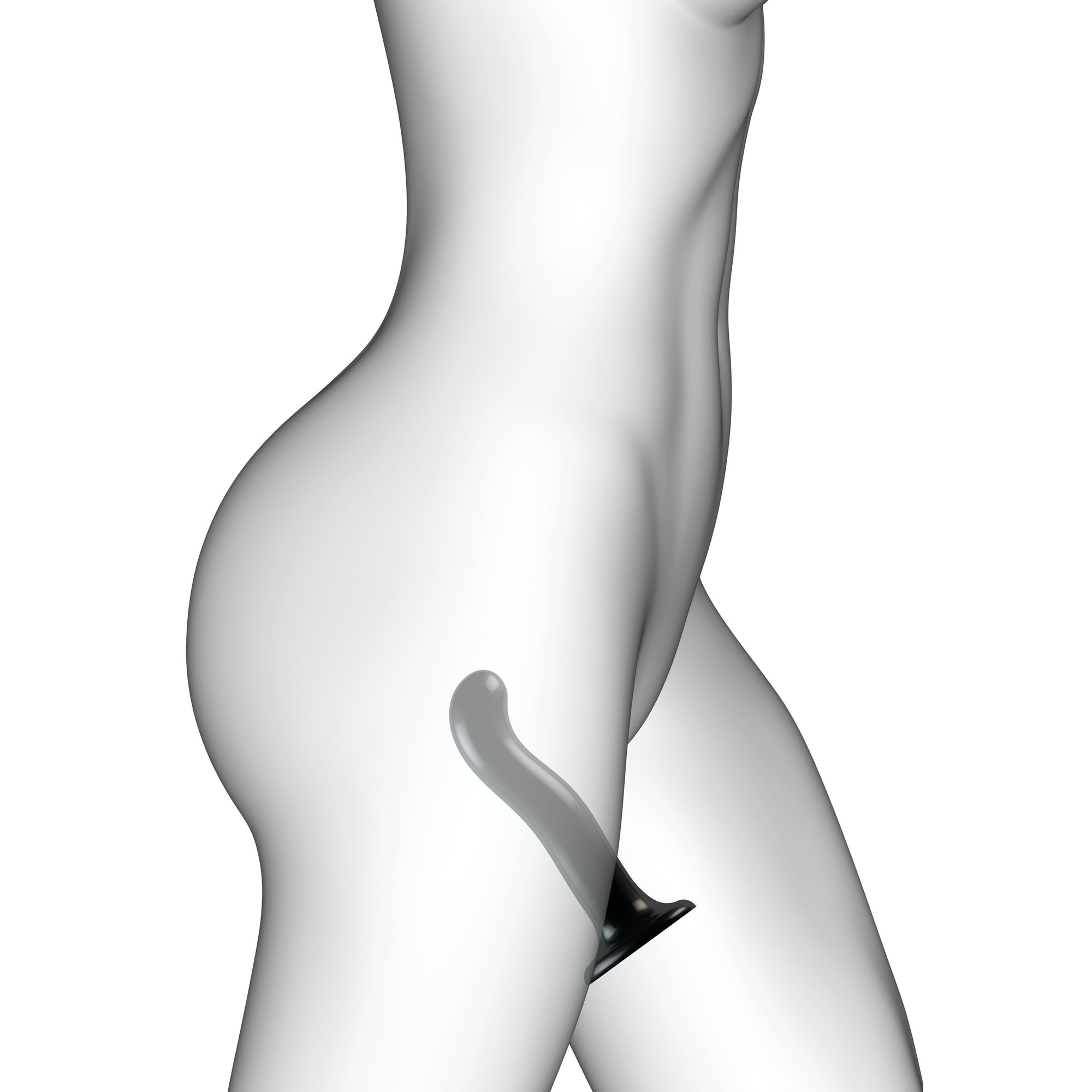 Obraz w skali szarości tułowia osoby z włożoną zabawką erotyczną. Tło jest białe.