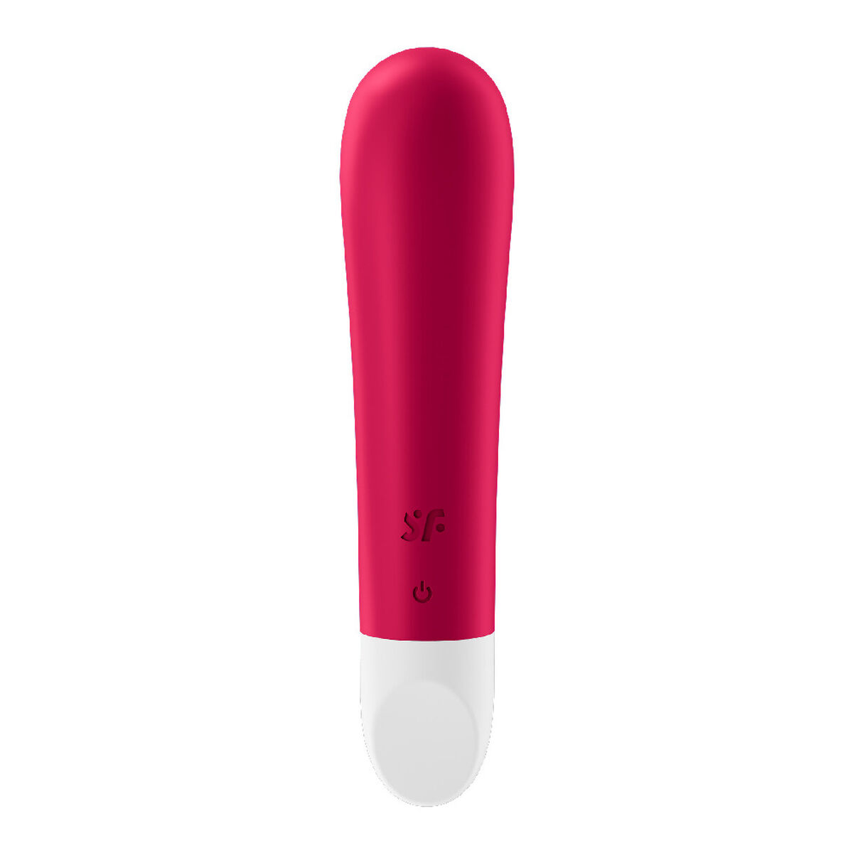 Un vibrador rojo con punta blanca y un botón pequeño. Está de pie verticalmente.