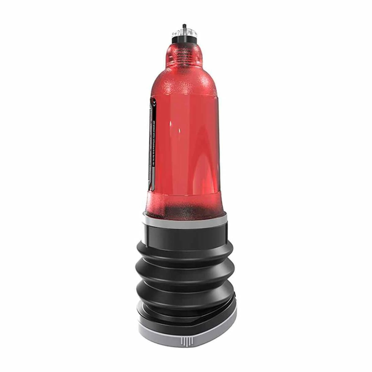 Un producto de color rojo con base negra y cuerpo transparente.
