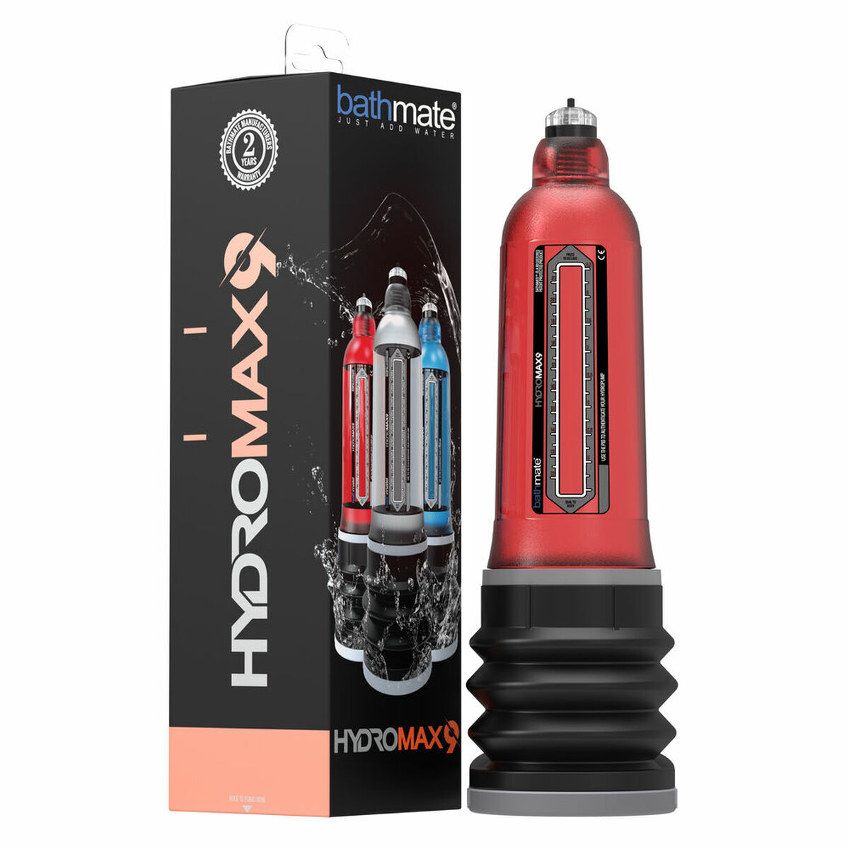 Una caja roja y negra con una bomba. La caja tiene las palabras 'HYDROMAX9'.