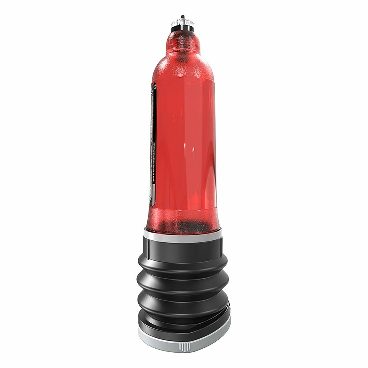Botella roja y negra con bomba negra. La botella está llena de líquido rojo.