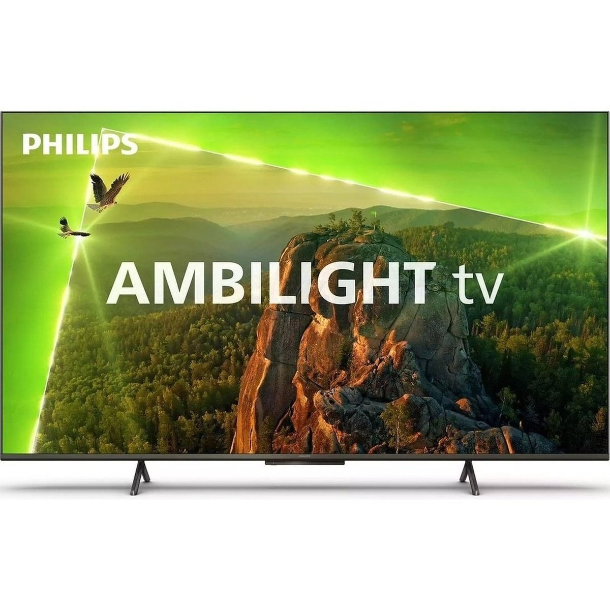 Un televisor Philips Ambilight que muestra una escena paisajística con dos pájaros.