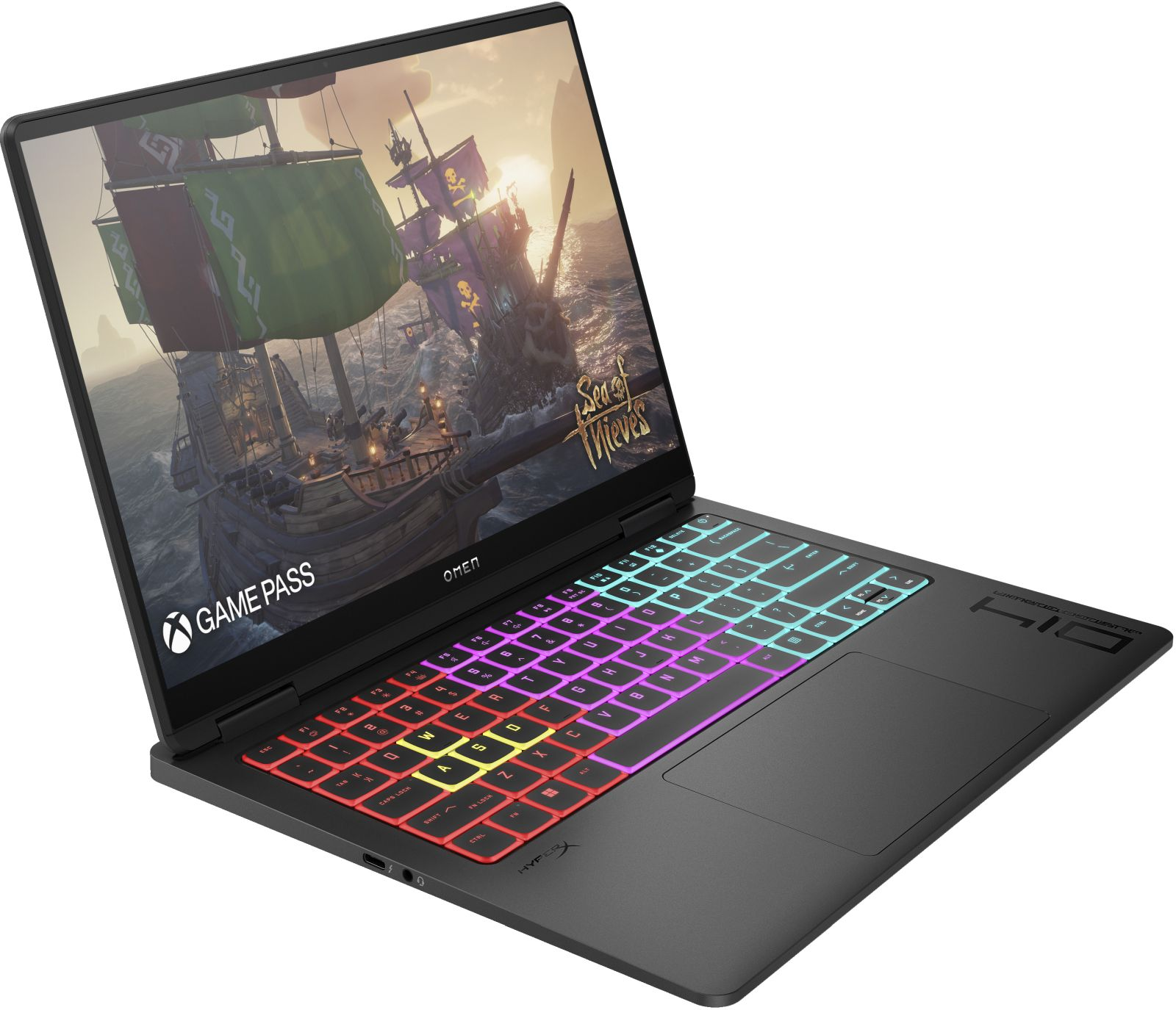 Portátil OMEN negro con teclado iluminado. La pantalla muestra un videojuego.