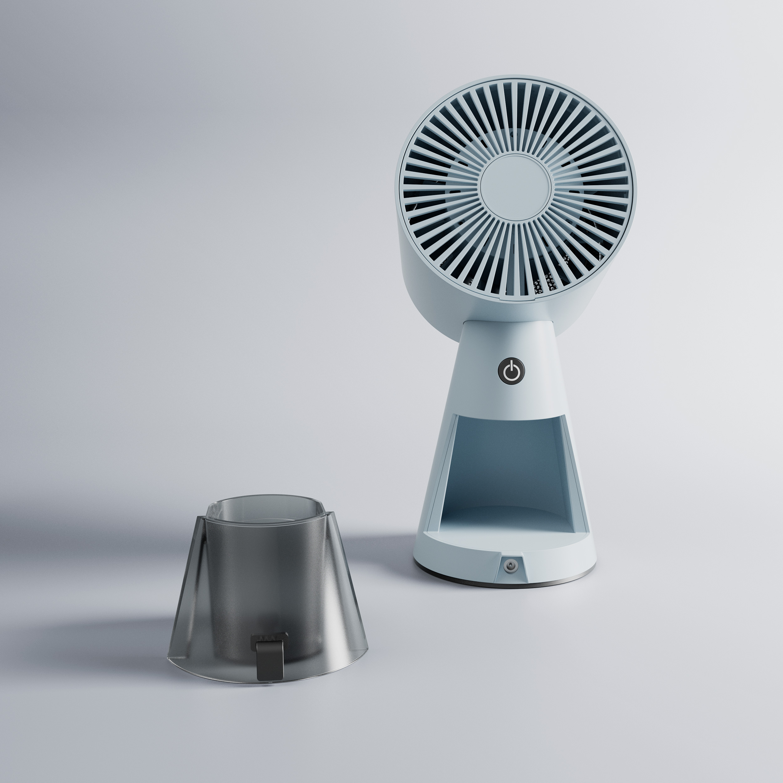 Ventilatore azzurro con una tazza di plastica trasparente staccata. Il ventilatore ha un pulsante di accensione. Sfondo bianco.