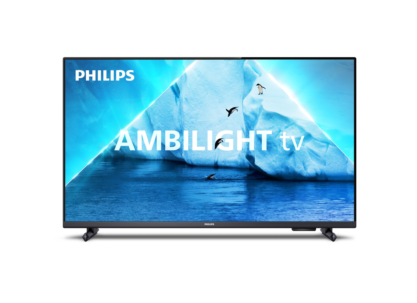 Telewizor Philips Ambilight wyświetla scenę z niebieską górą lodową. Pingwiny i ptaki latają.