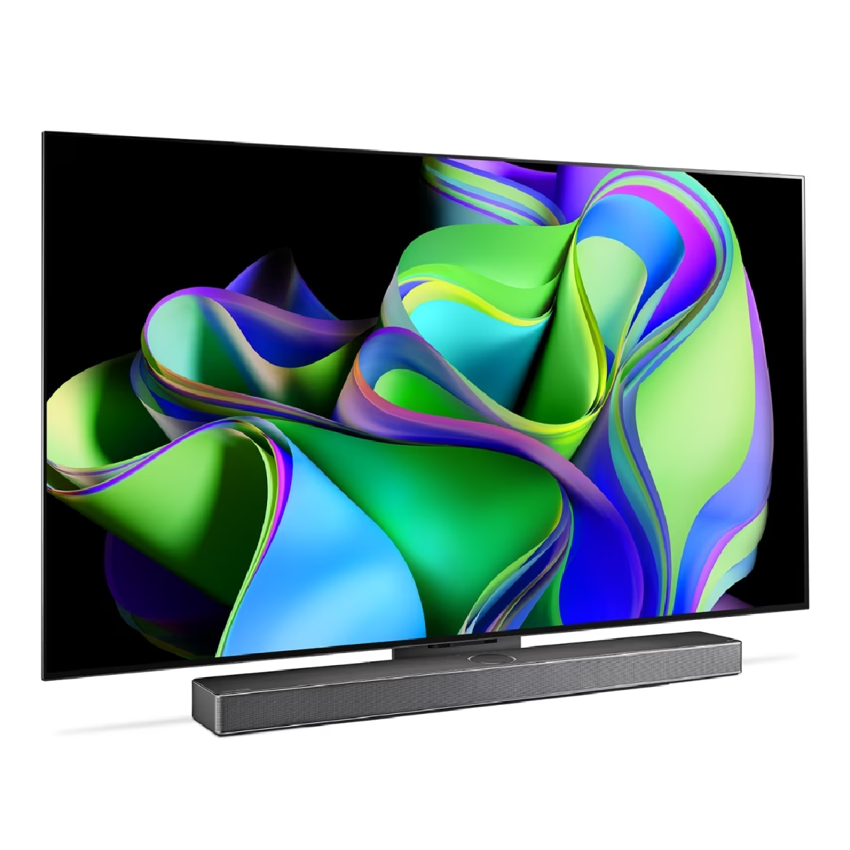 Un televisor grande con una imagen abstracta colorida y arremolinada y una barra de sonido debajo, fondo negro.